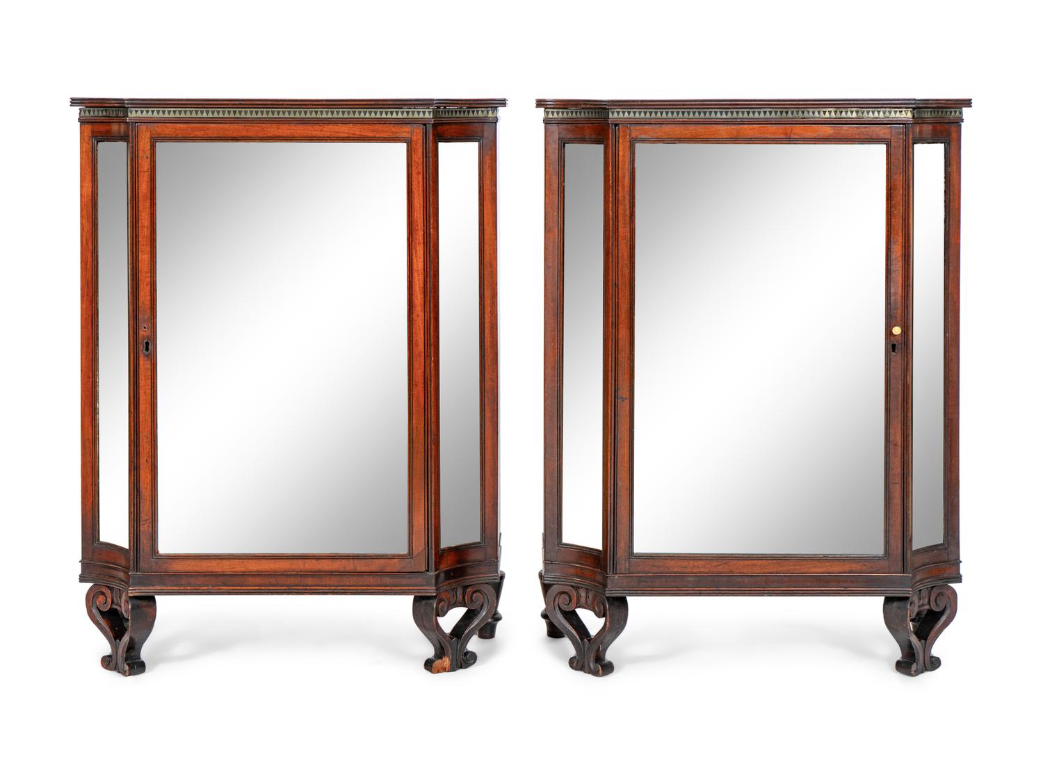 A Pair of Late Regency Brass and Satinwood-Inlaid Mahogany Cabinets