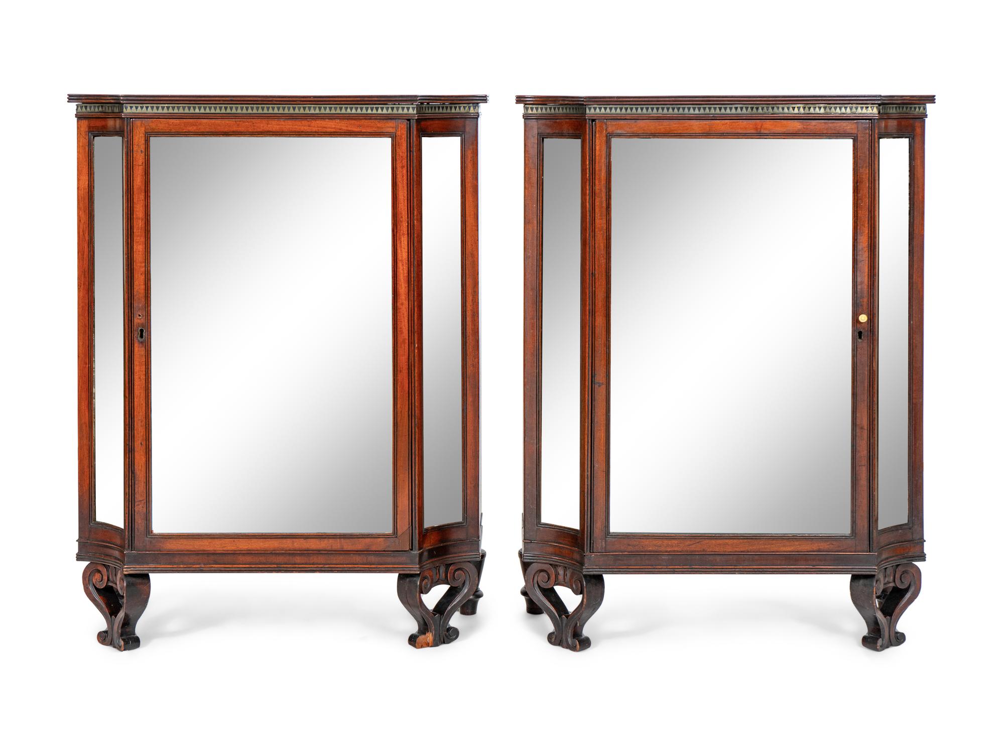 A Pair of Late Regency Brass and Satinwood-Inlaid Mahogany Cabinets
