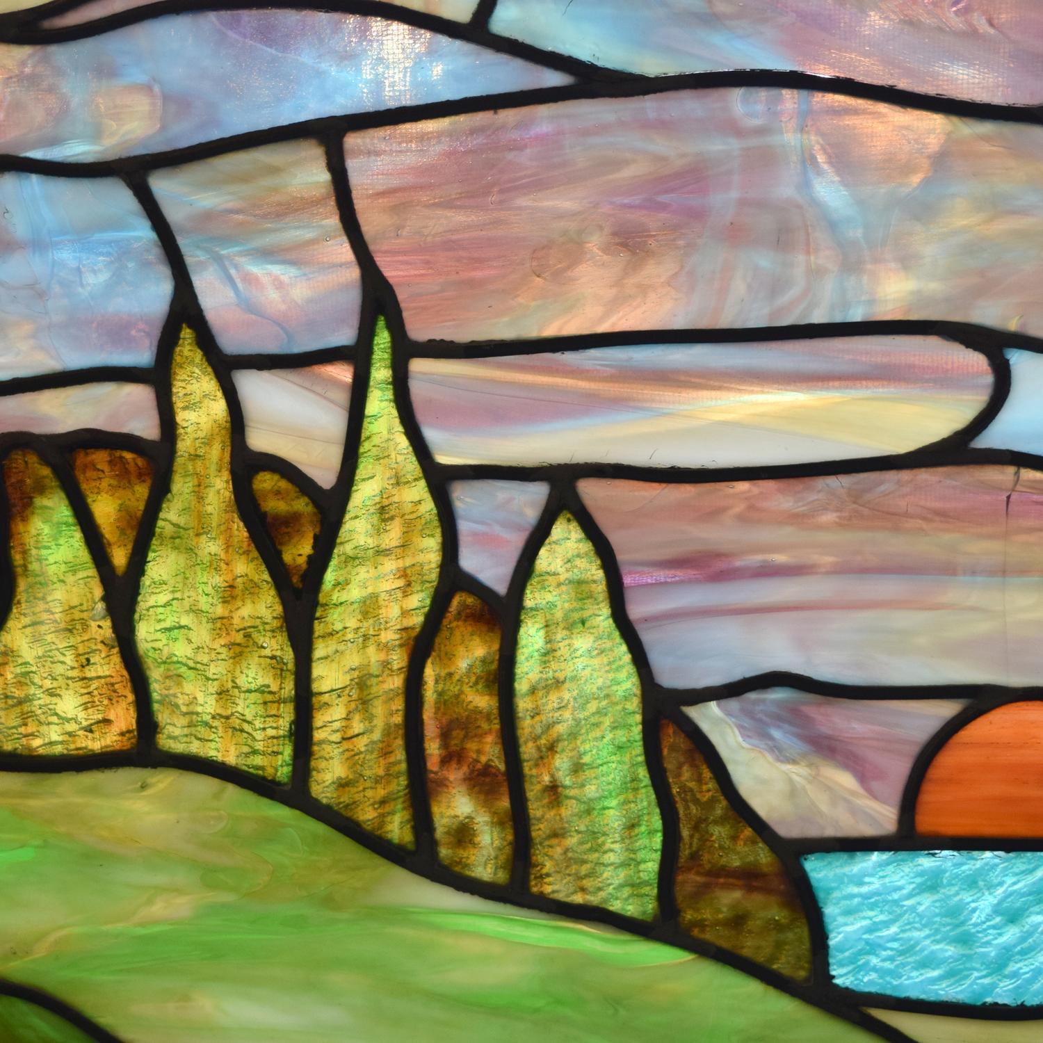 A Scenic Stained Glass Window 28" W x .25" D x 20" H — United States, 20th Century