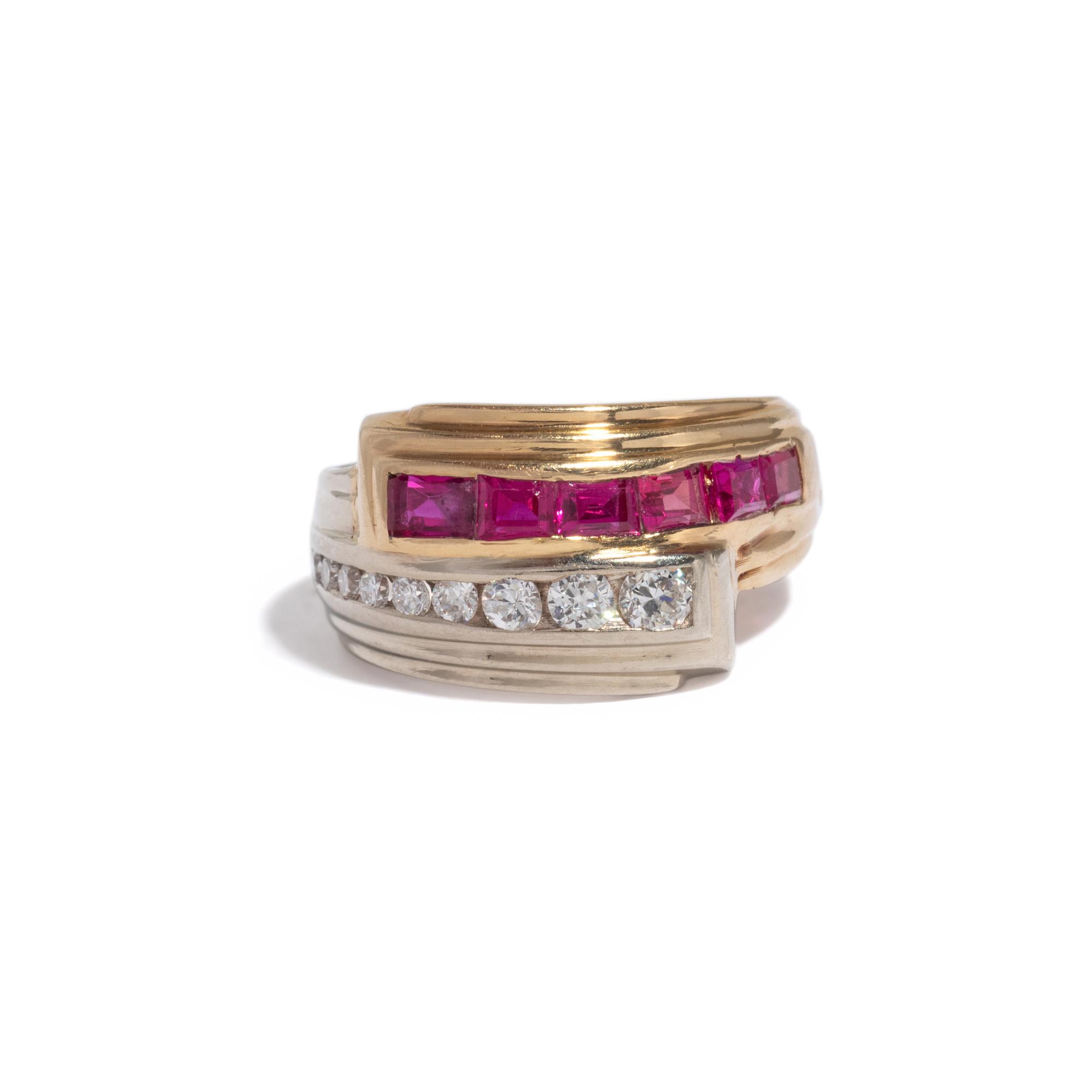 RETRO, YELLOW GOLD, RUBY, AND DIAMOND RING