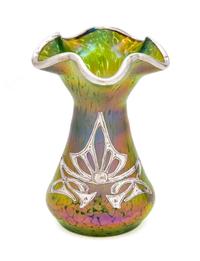 A Loetz Silver Overlay Glass Vase Height 4 5/8 inches.