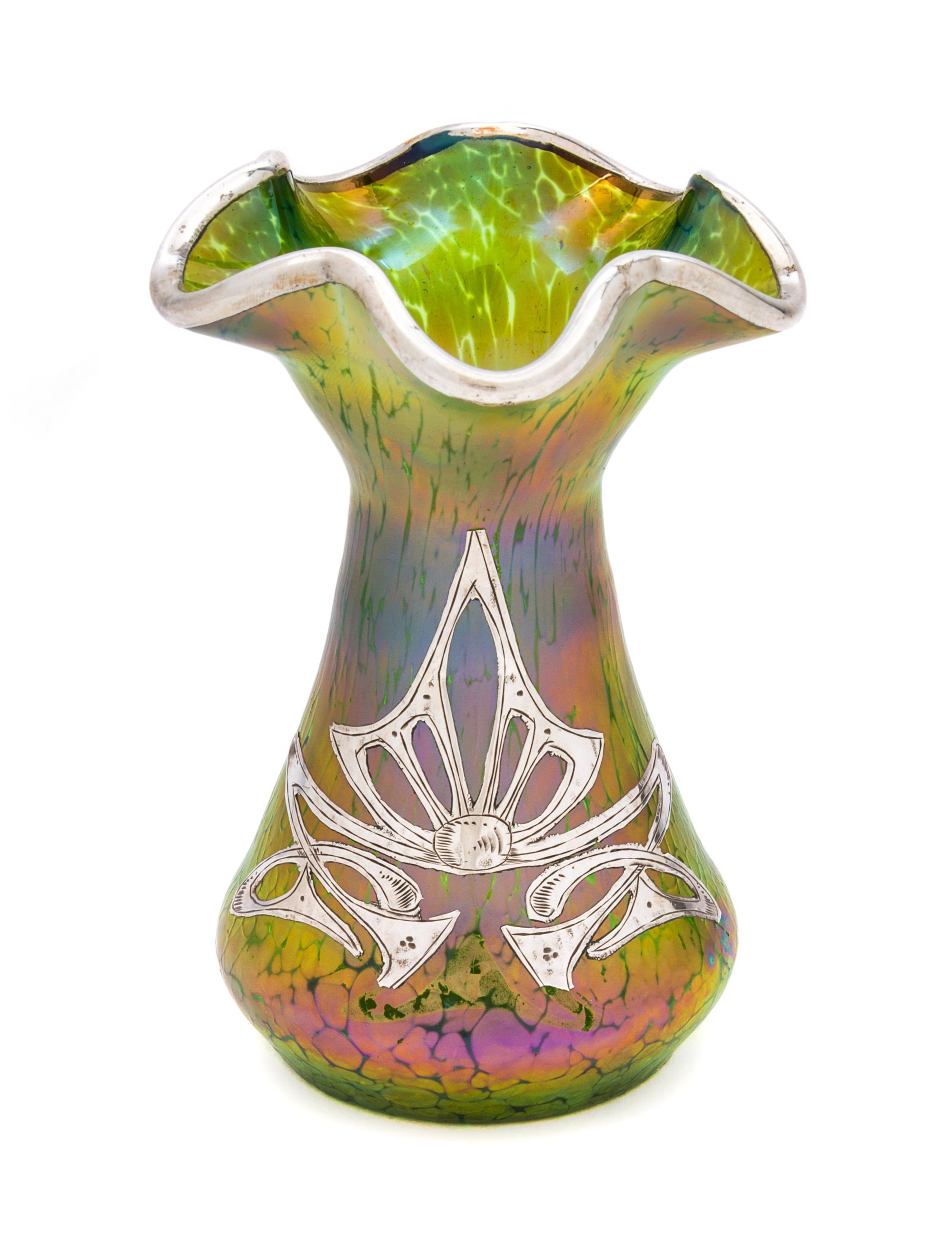 A Loetz Silver Overlay Glass Vase Height 4 5/8 inches.