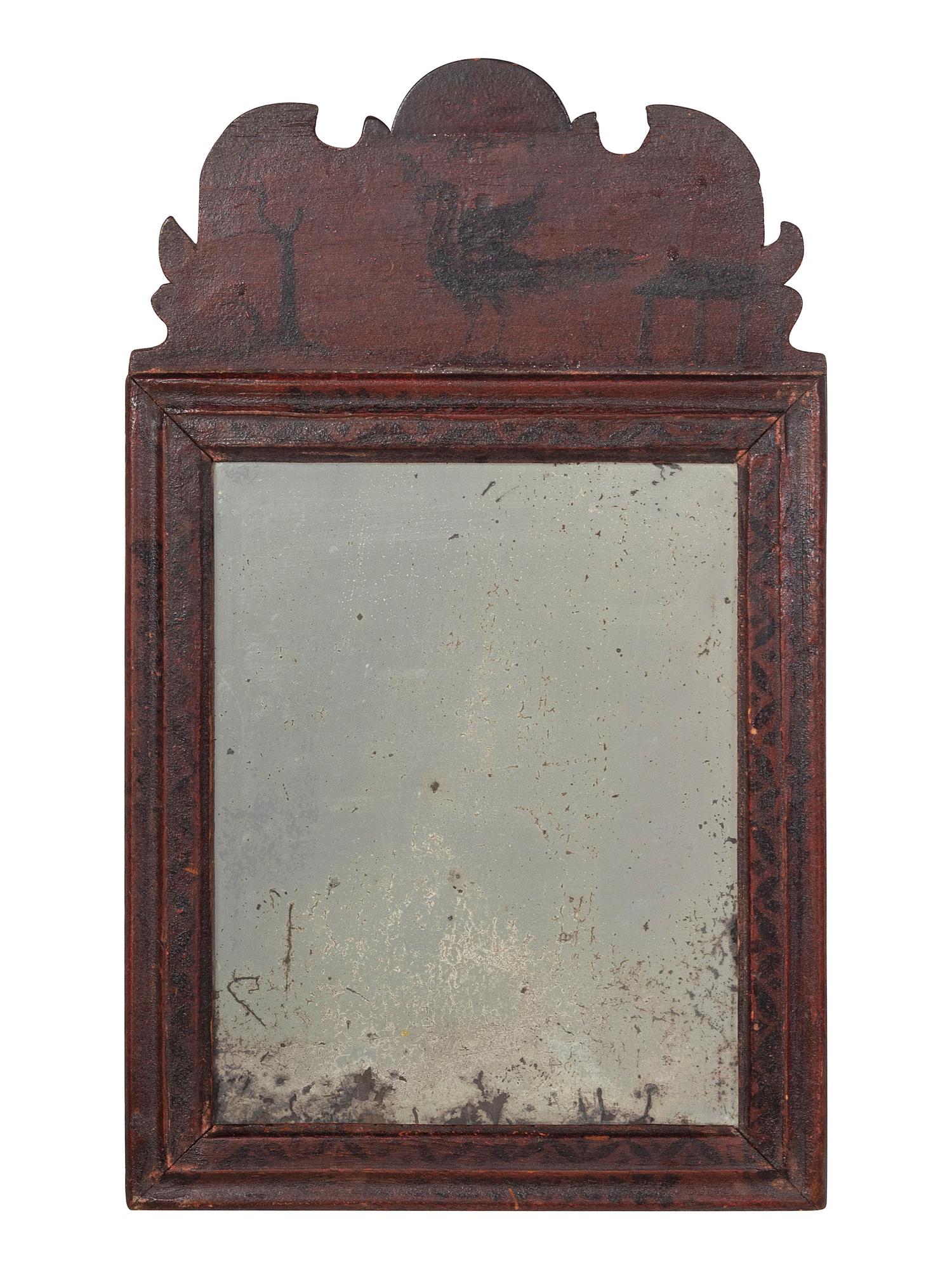 A William and Mary Black and Red Painted Bird and Vine-Decorated Courting Glass