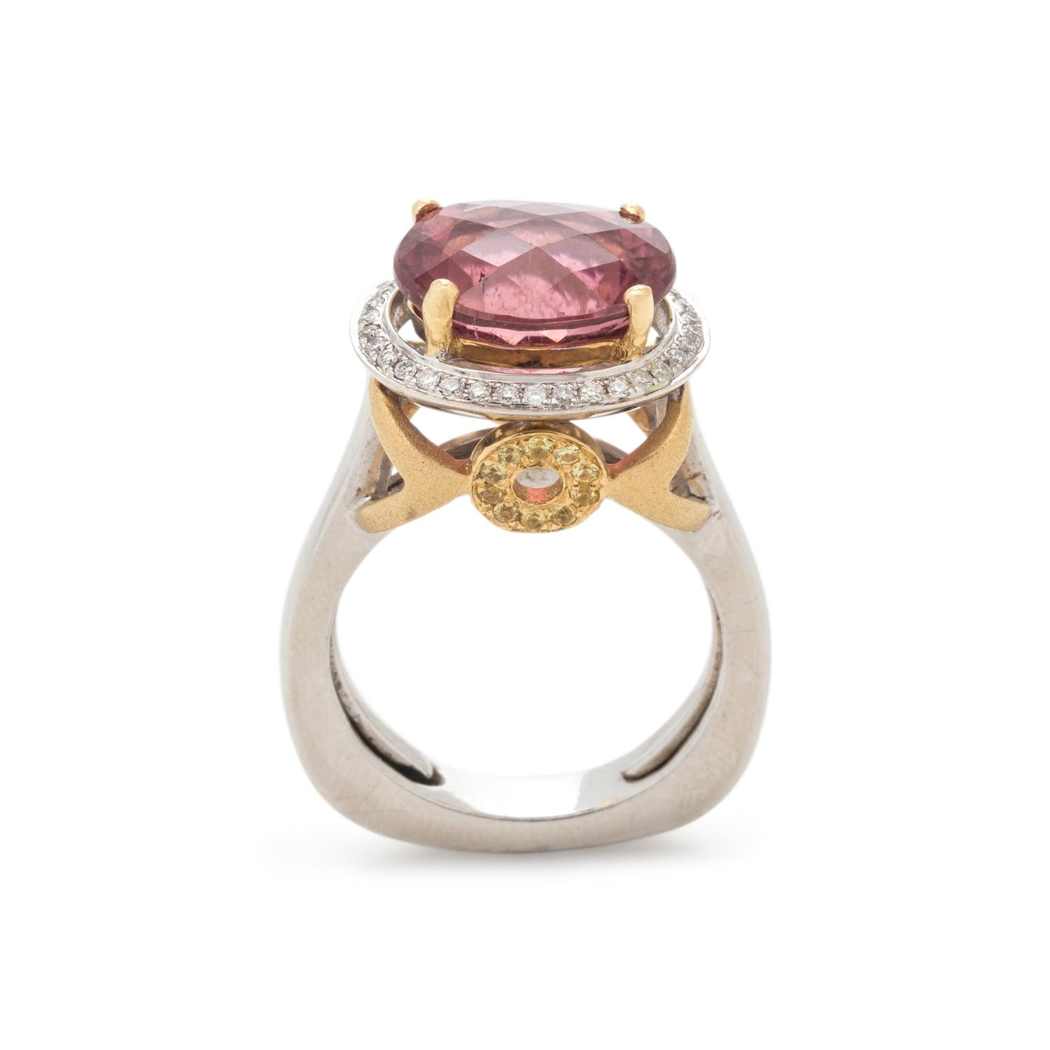 PINK TOURMALINE, DIAMOND AND YELLOW SAPPHIRE RING