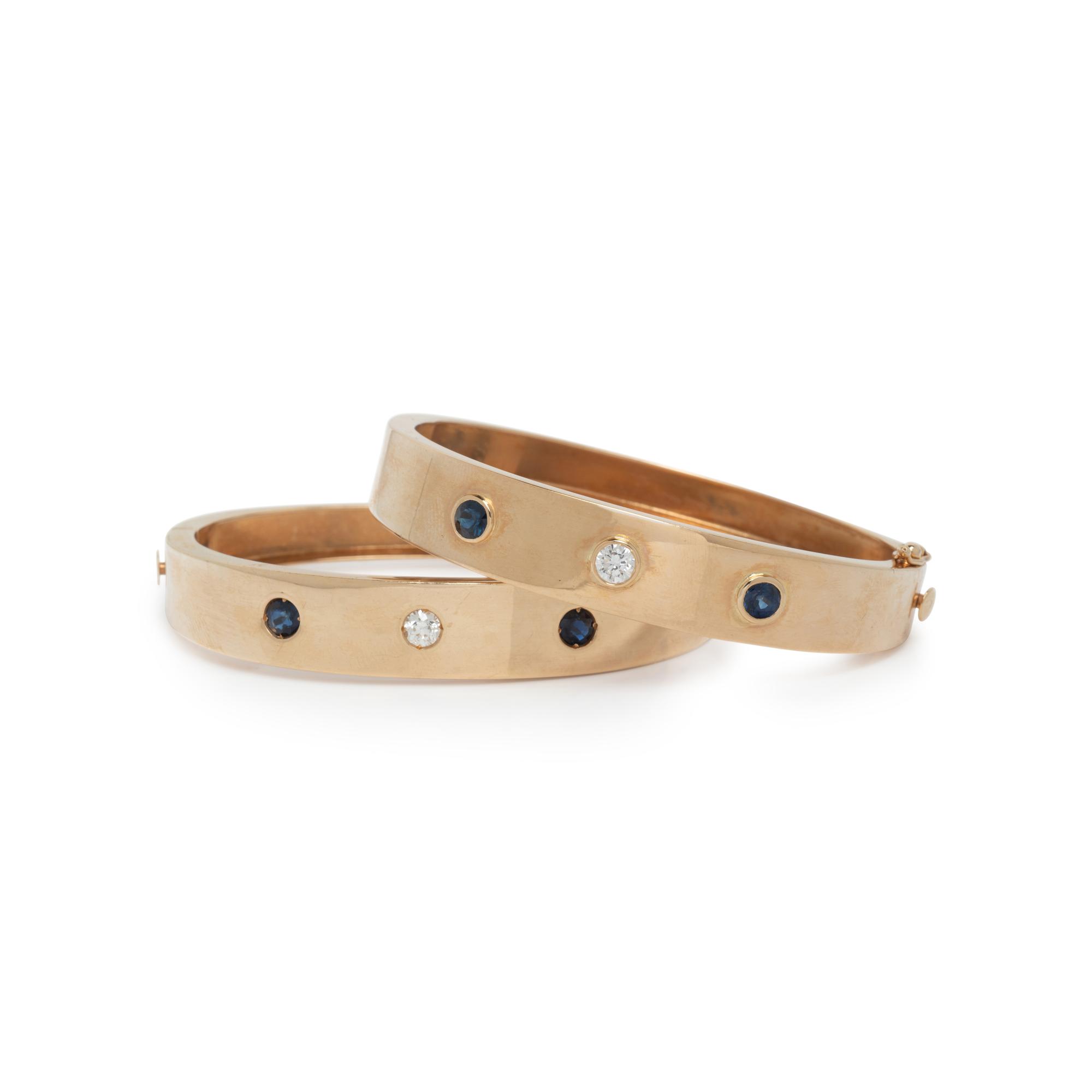 PAIR OF YELLOW GOLD, DIAMOND, AND SAPPHIRE BANGLE BRACELETS