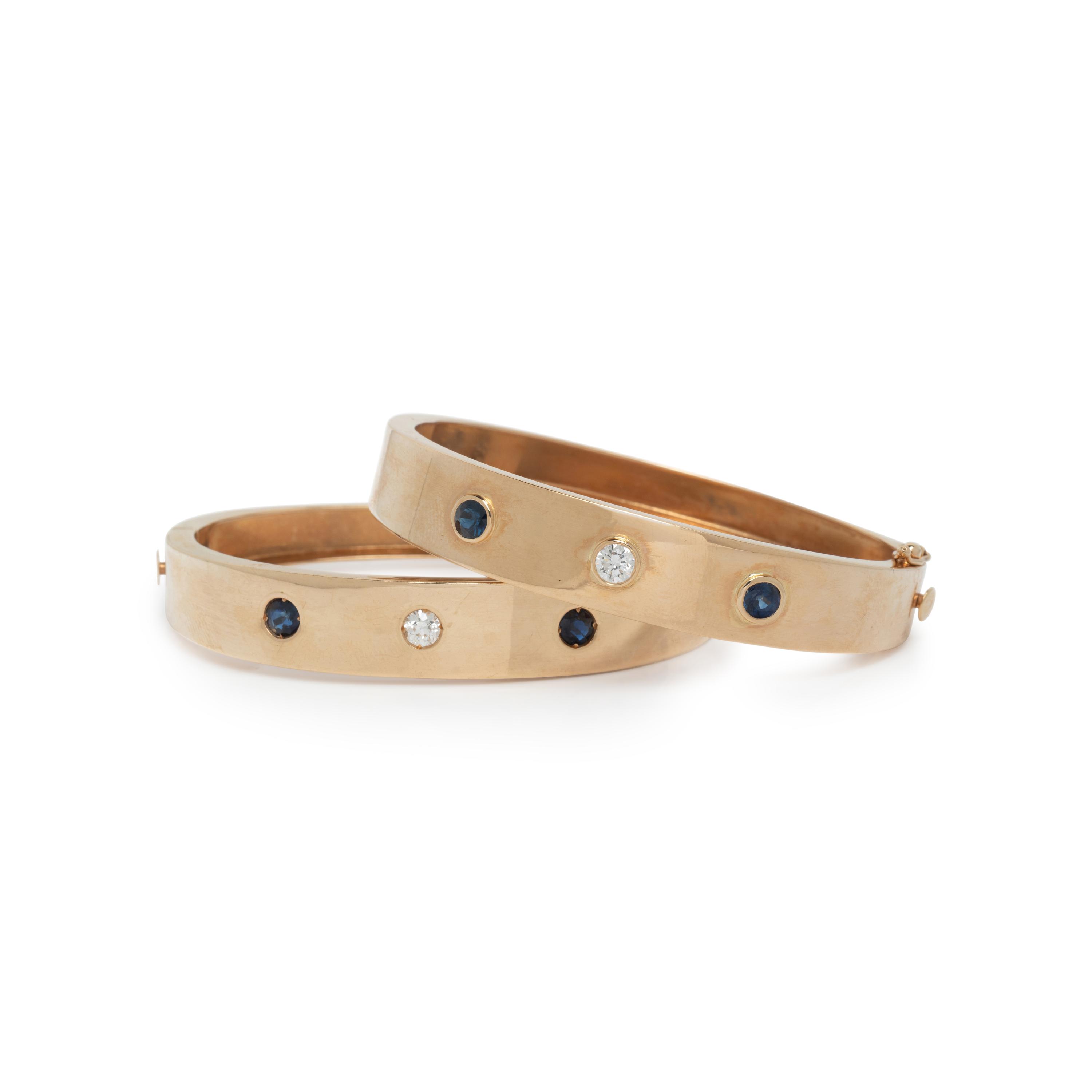 PAIR OF YELLOW GOLD, DIAMOND, AND SAPPHIRE BANGLE BRACELETS