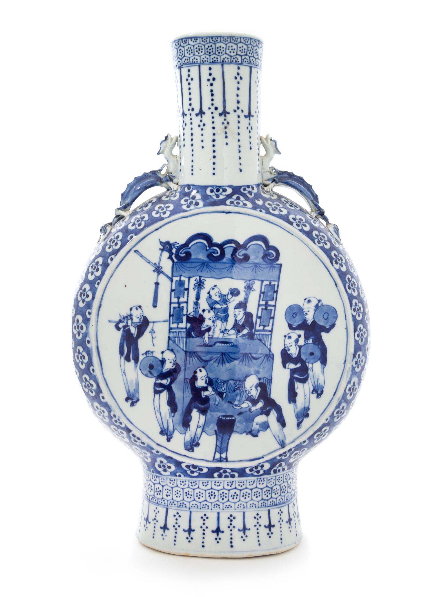 A Large Blue and White Porcelain Mook Flask Height 18 inches. — 19TH CENTURY
