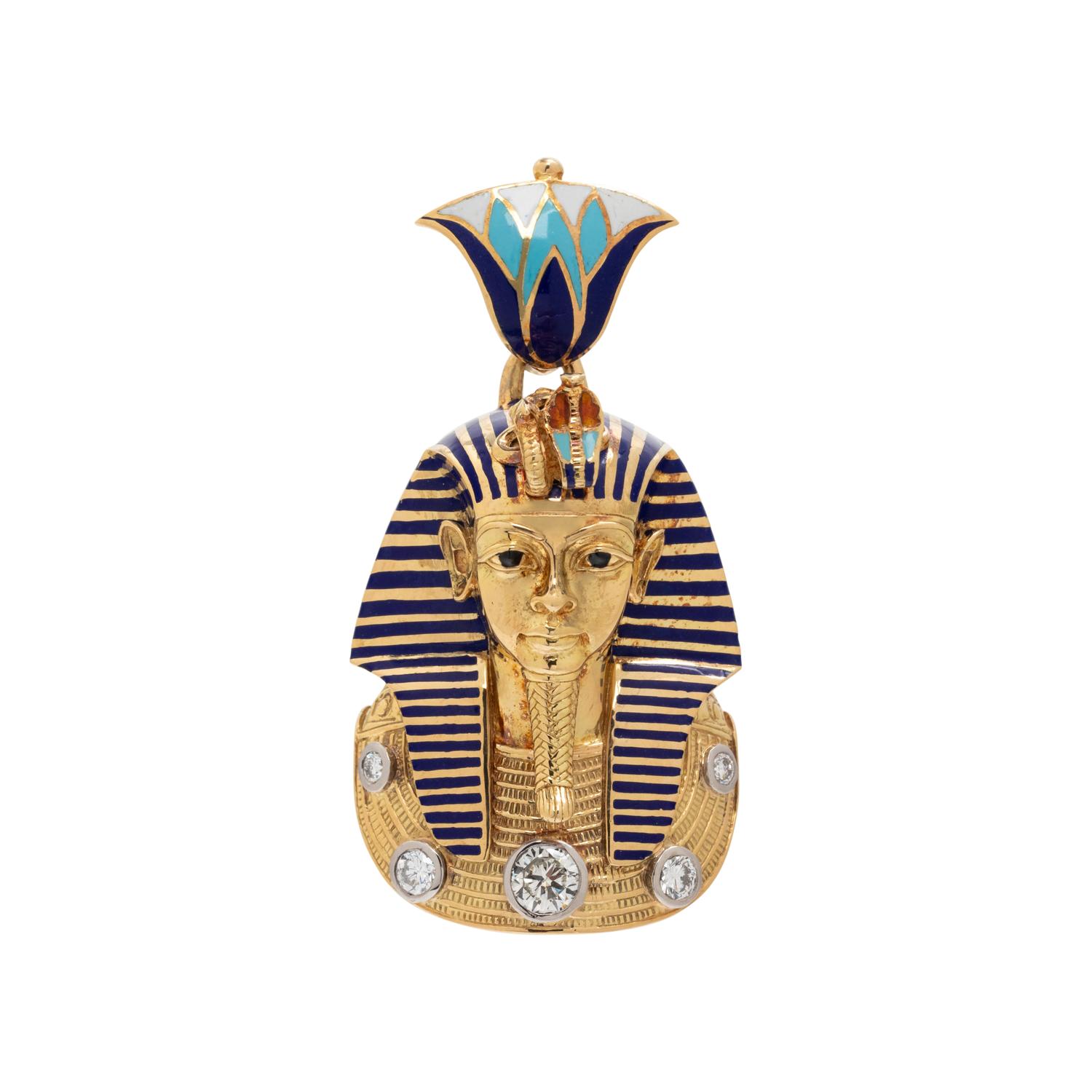 YELLOW GOLD, DIAMOND AND POLYCHROME ENAMEL EGYPTIAN PHARAOH PENDANT