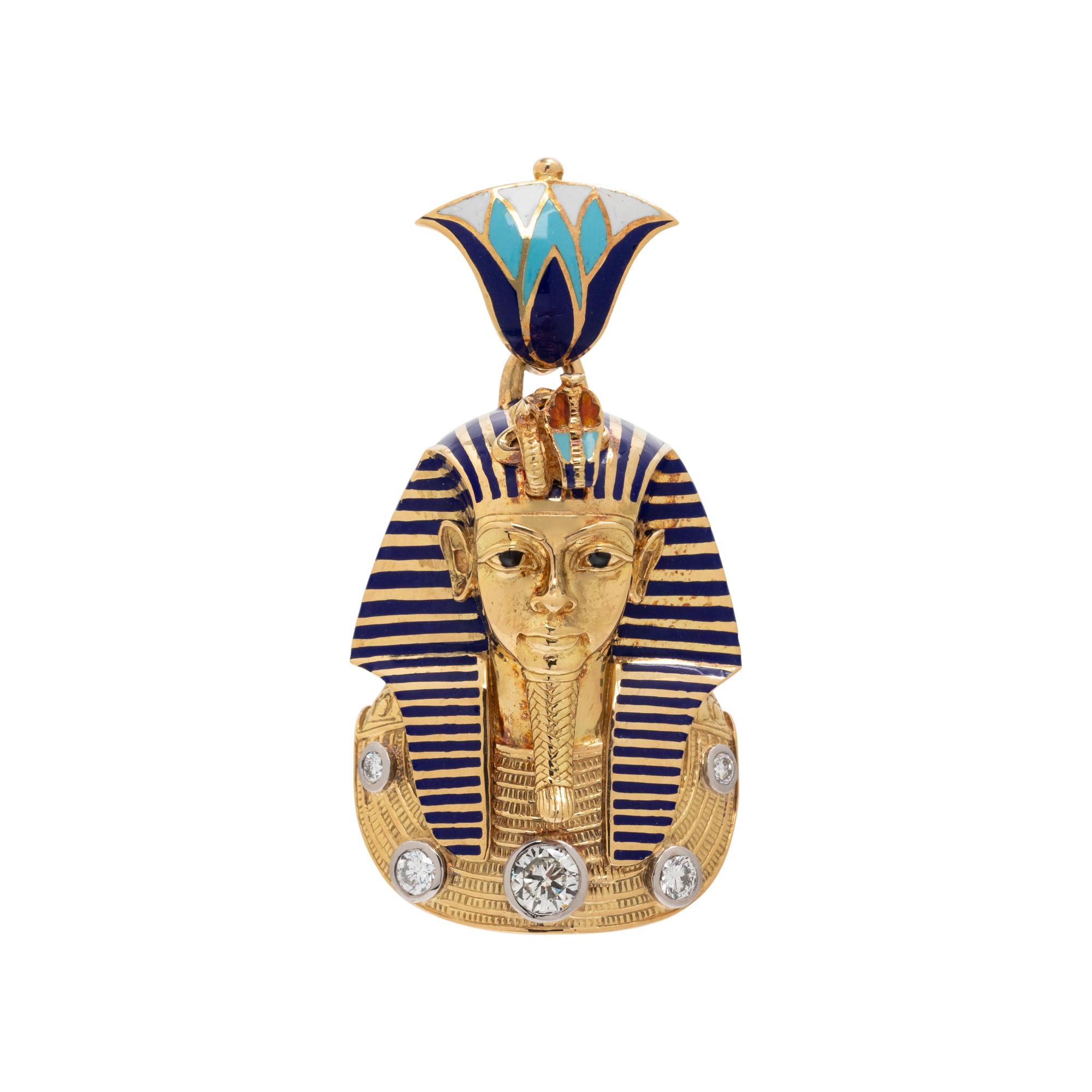 YELLOW GOLD, DIAMOND AND POLYCHROME ENAMEL EGYPTIAN PHARAOH PENDANT