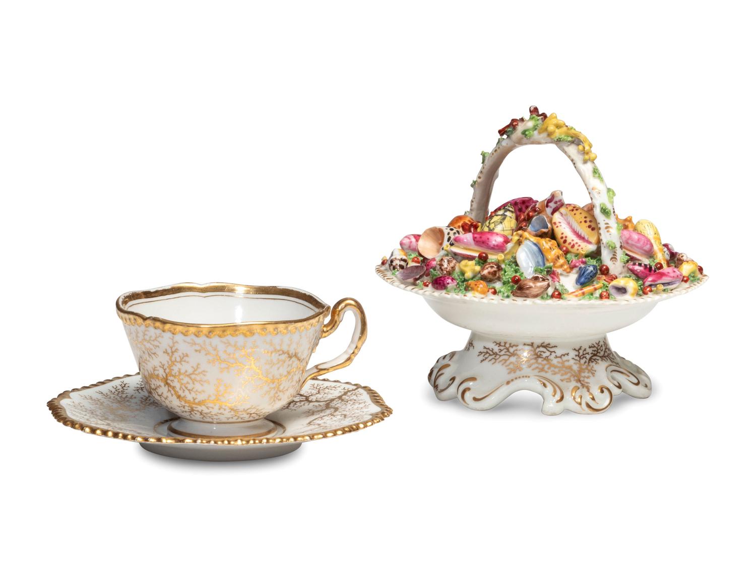 A Worcester Porcelain 'Shell-Encrusted' Basket, Cup and Saucer
