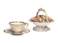 A Worcester Porcelain 'Shell-Encrusted' Basket, Cup and Saucer
