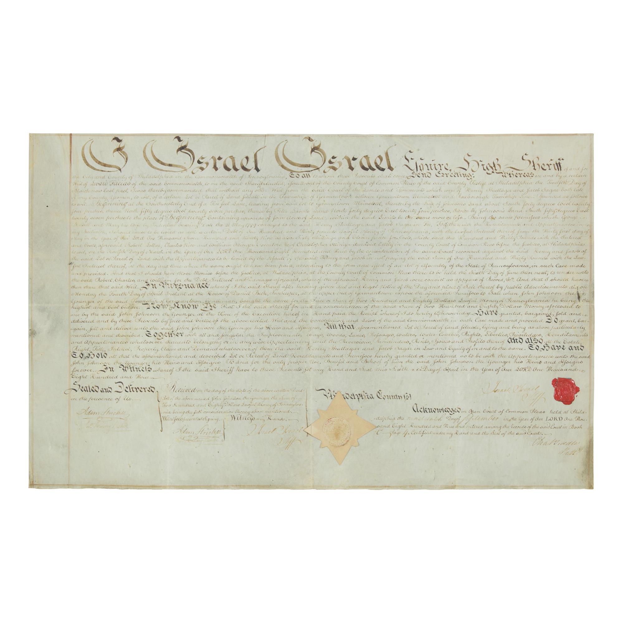 [Americana] Israel, Israel, and Charles Biddle. Signed manuscript writ of levari facias