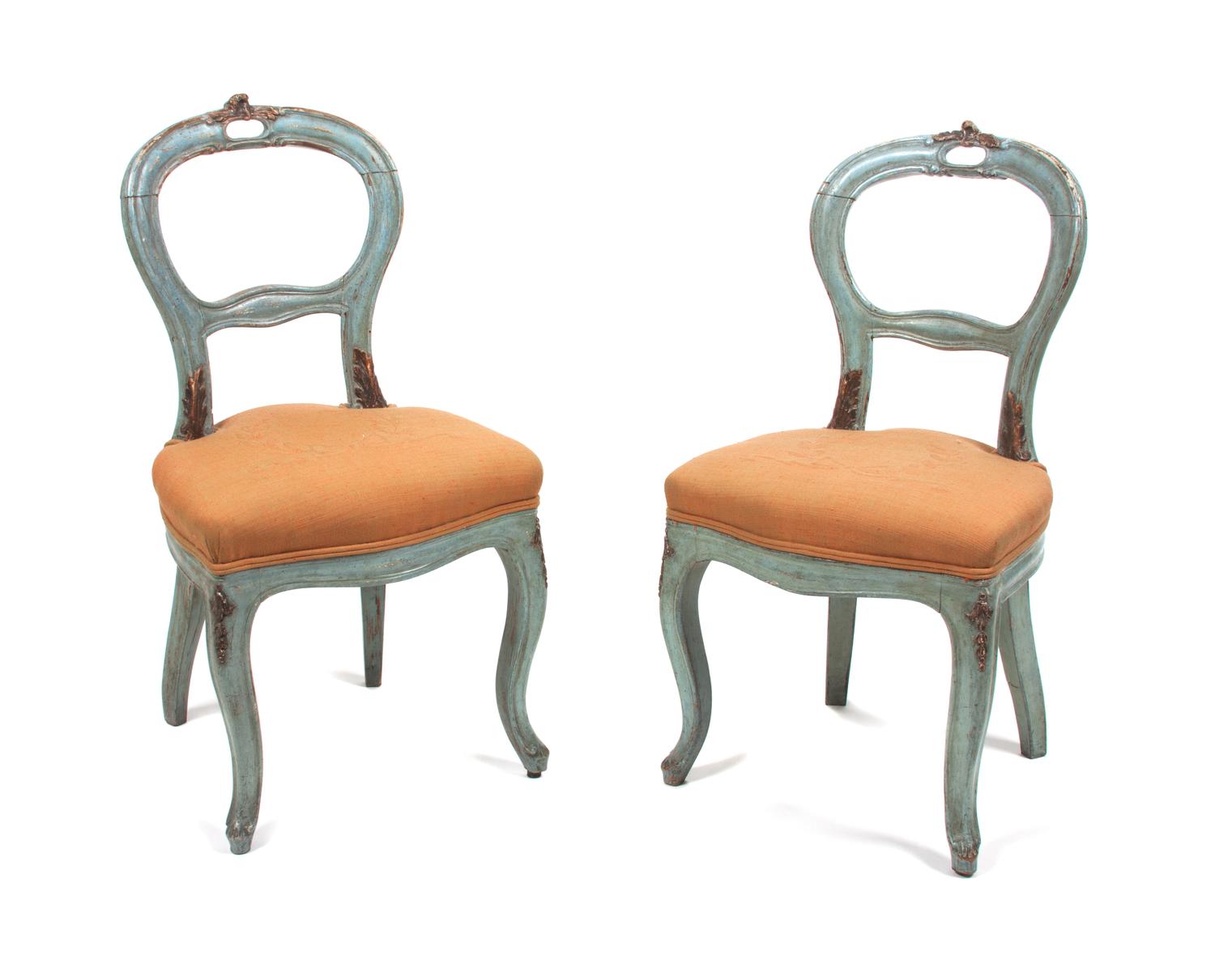 A Pair of French Painted Balloon Back Side Chairs Height 30 1/2 inches.