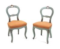 A Pair of French Painted Balloon Back Side Chairs Height 30 1/2 inches.