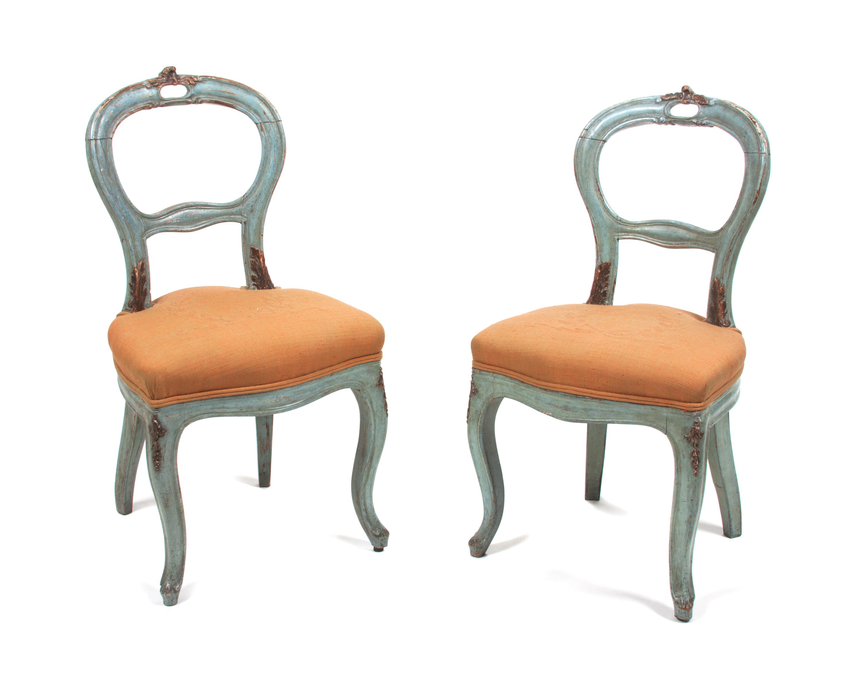 A Pair of French Painted Balloon Back Side Chairs Height 30 1/2 inches.