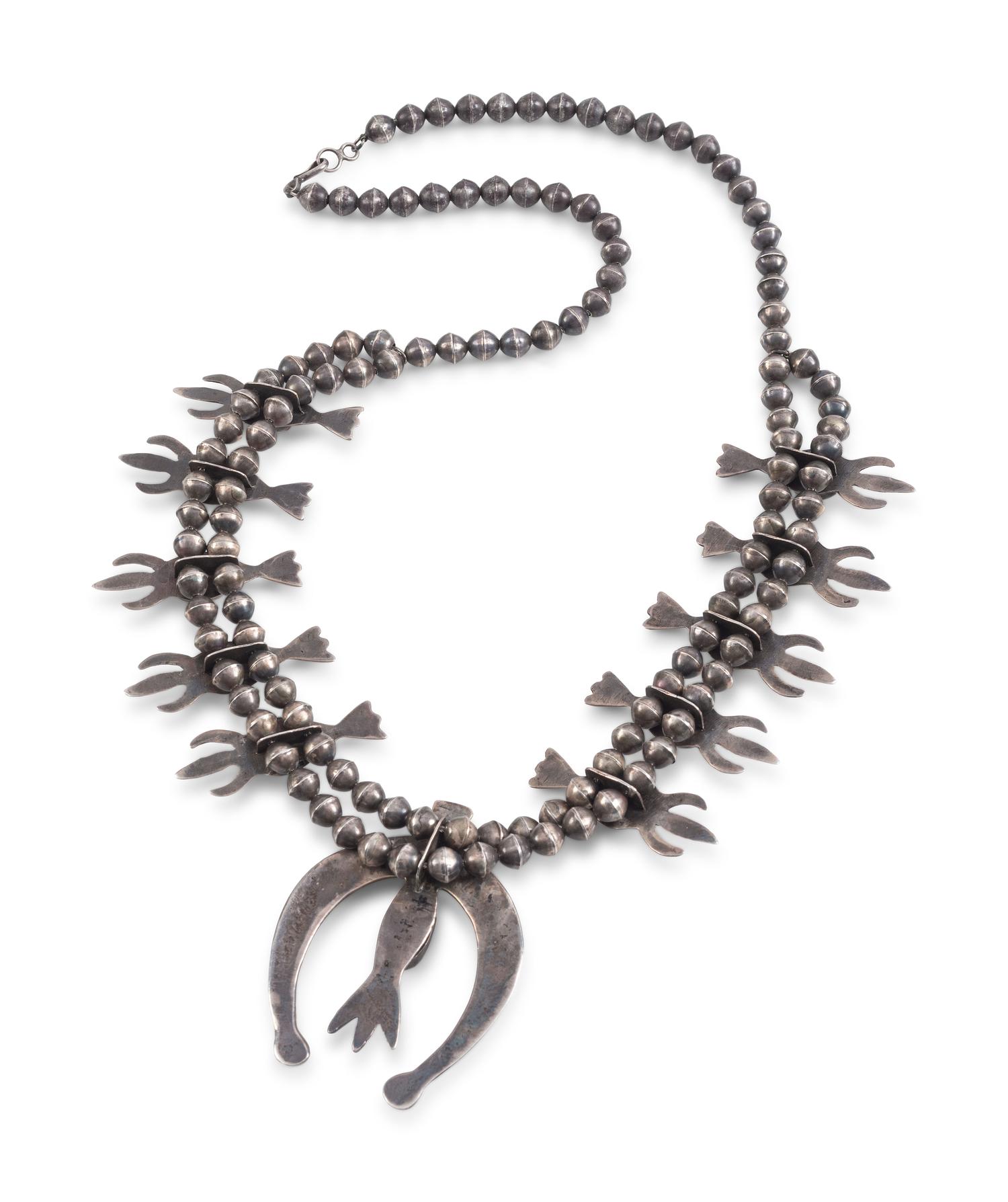 Navajo Sandcast Silver and Turquoise Squash Blossom Necklace