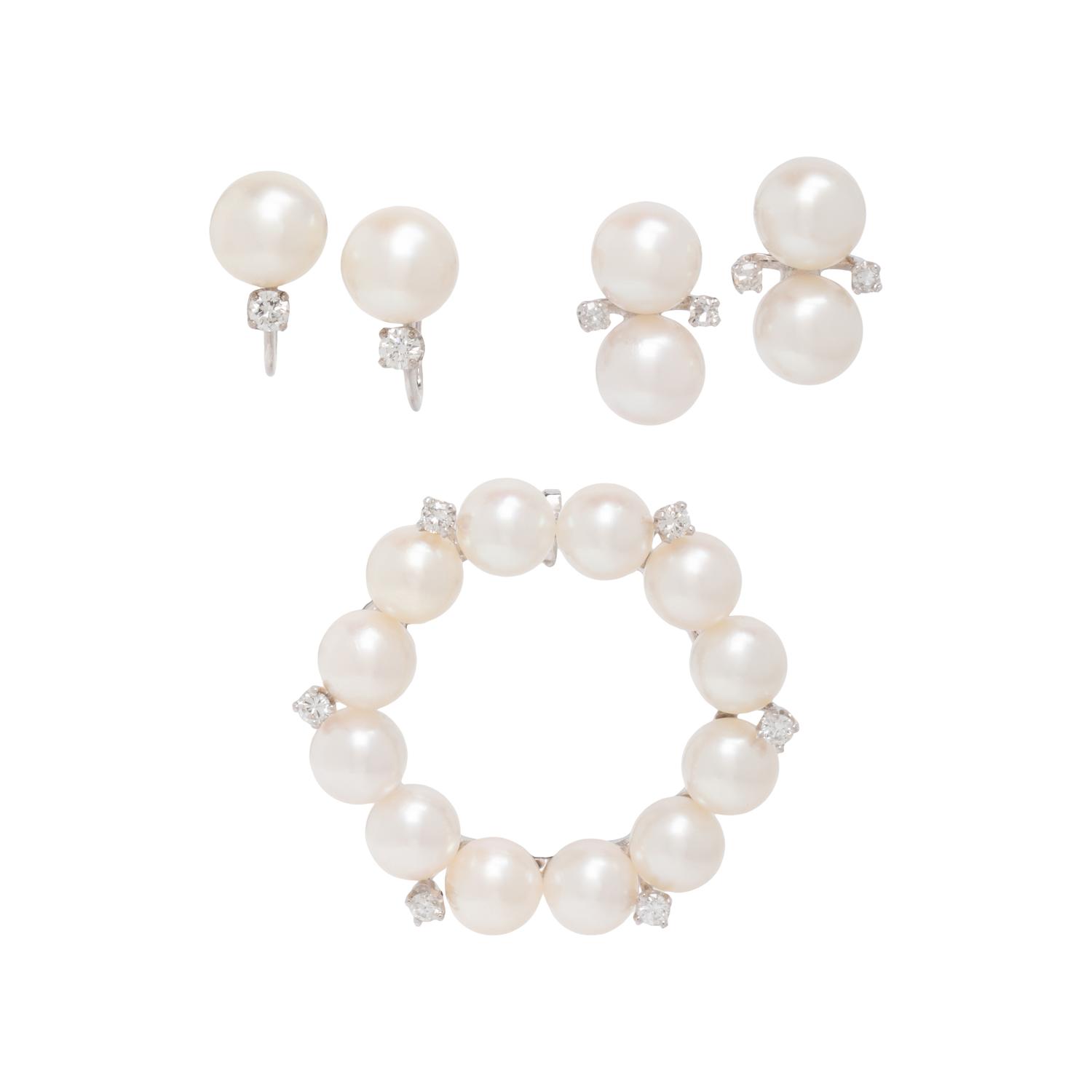COLLECTION OF WHITE GOLD, DIAMOND, AND CULTURED PEARL JEWELRY