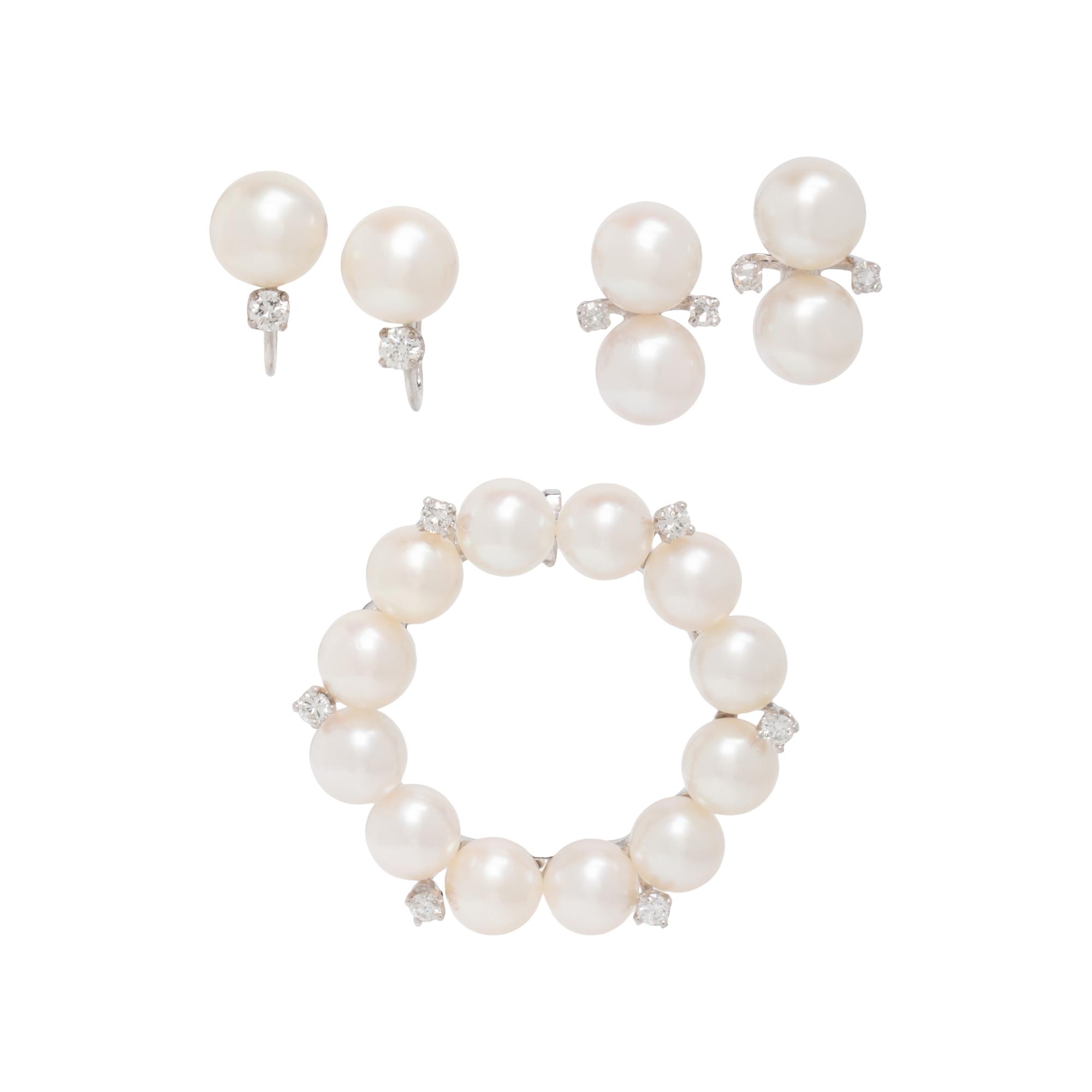 COLLECTION OF WHITE GOLD, DIAMOND, AND CULTURED PEARL JEWELRY