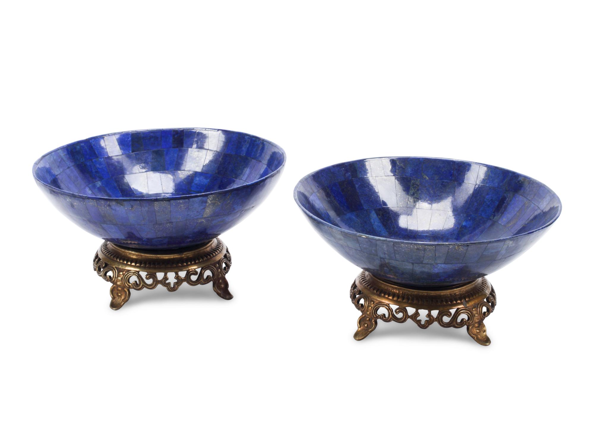 A Pair of Gilt Bronze Mounted Lapis Lazuli Bowls