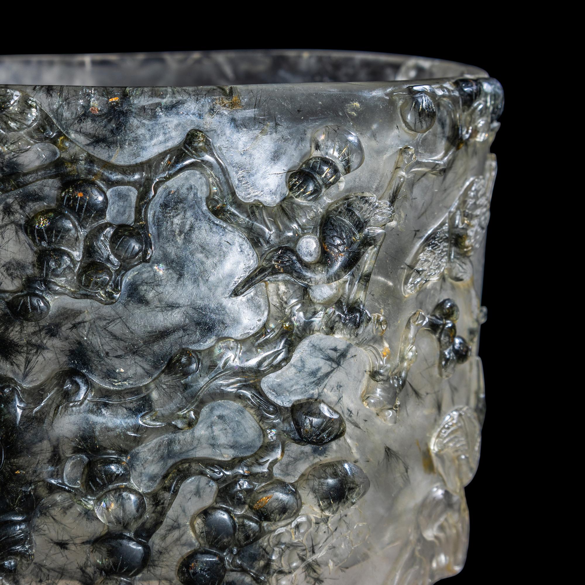An Unusual Chinese Carved Rutile Quartz 'Pine and Cranes' Brushpot, Bitong 髮晶雕松鶴筆筒