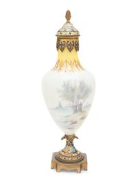 A Sèvres Style Gilt Bronze and Champlevé Enamel Mounted Porcelain Vase and Cover