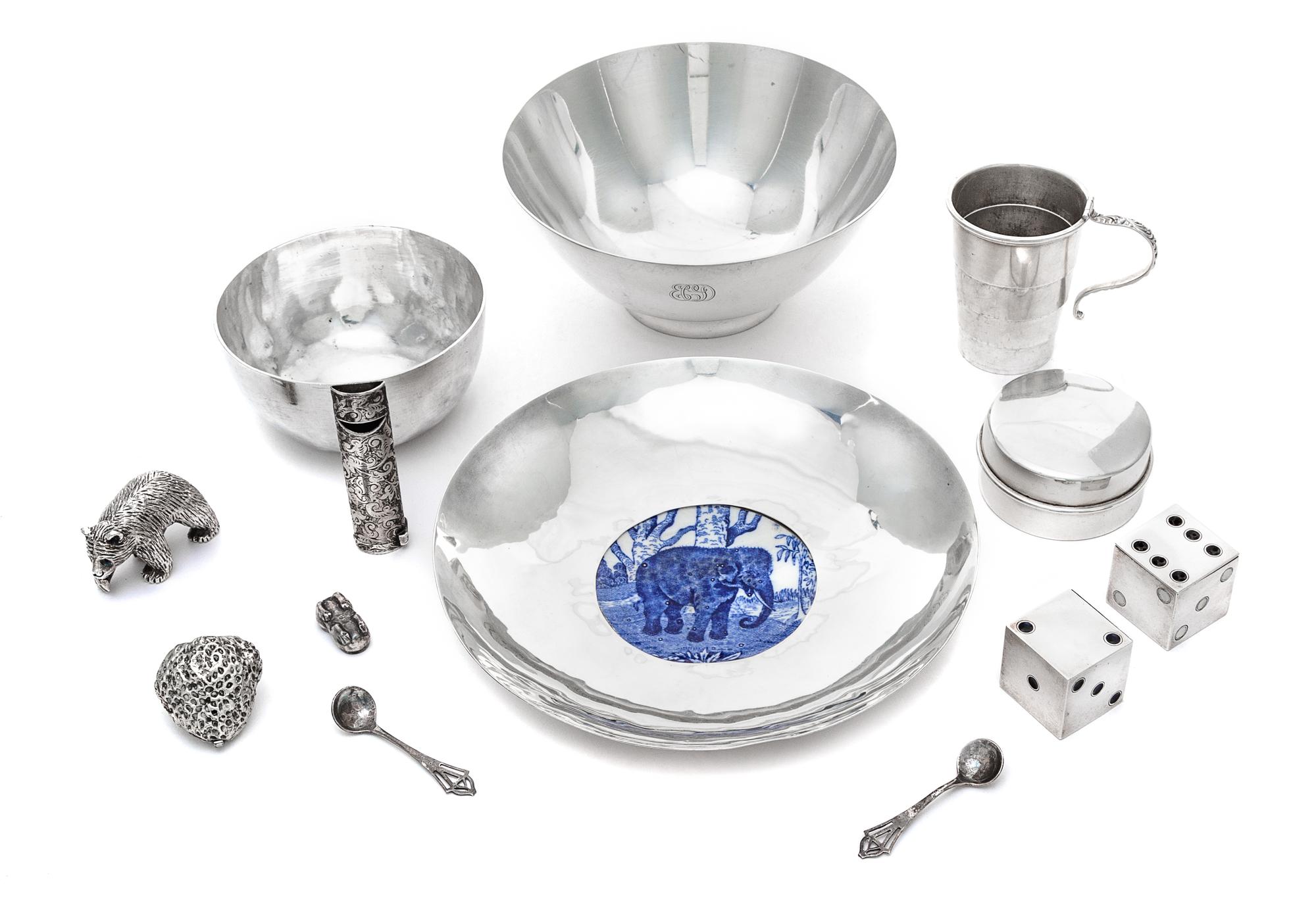 A Group of Silver Table Articles, various makers, comprising a candy dish marked for Tiffany & Co., New York, NY, a silver Zoomorphic f