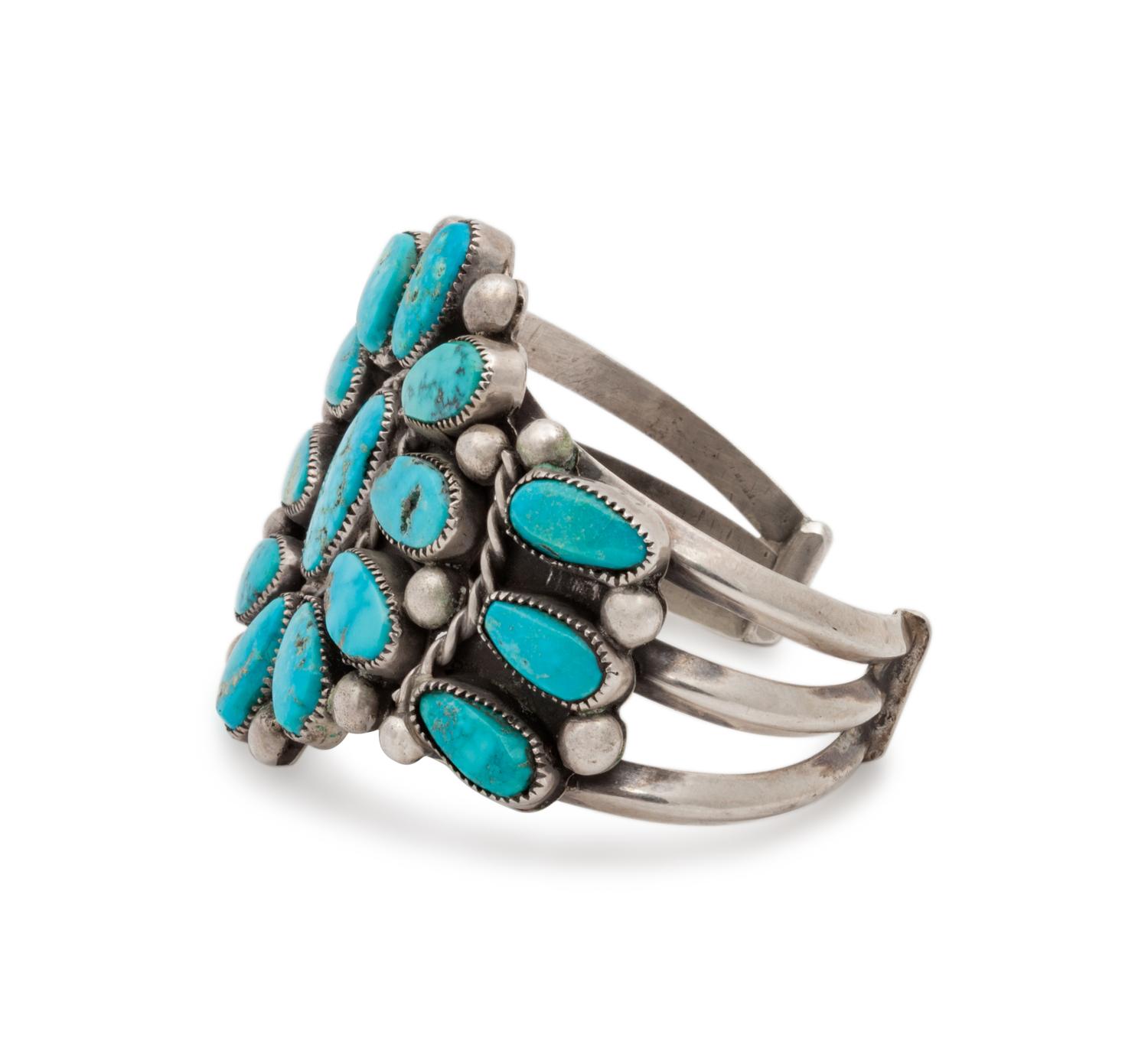 Zuni Silver and Turquoise Cluster Cuff Bracelet