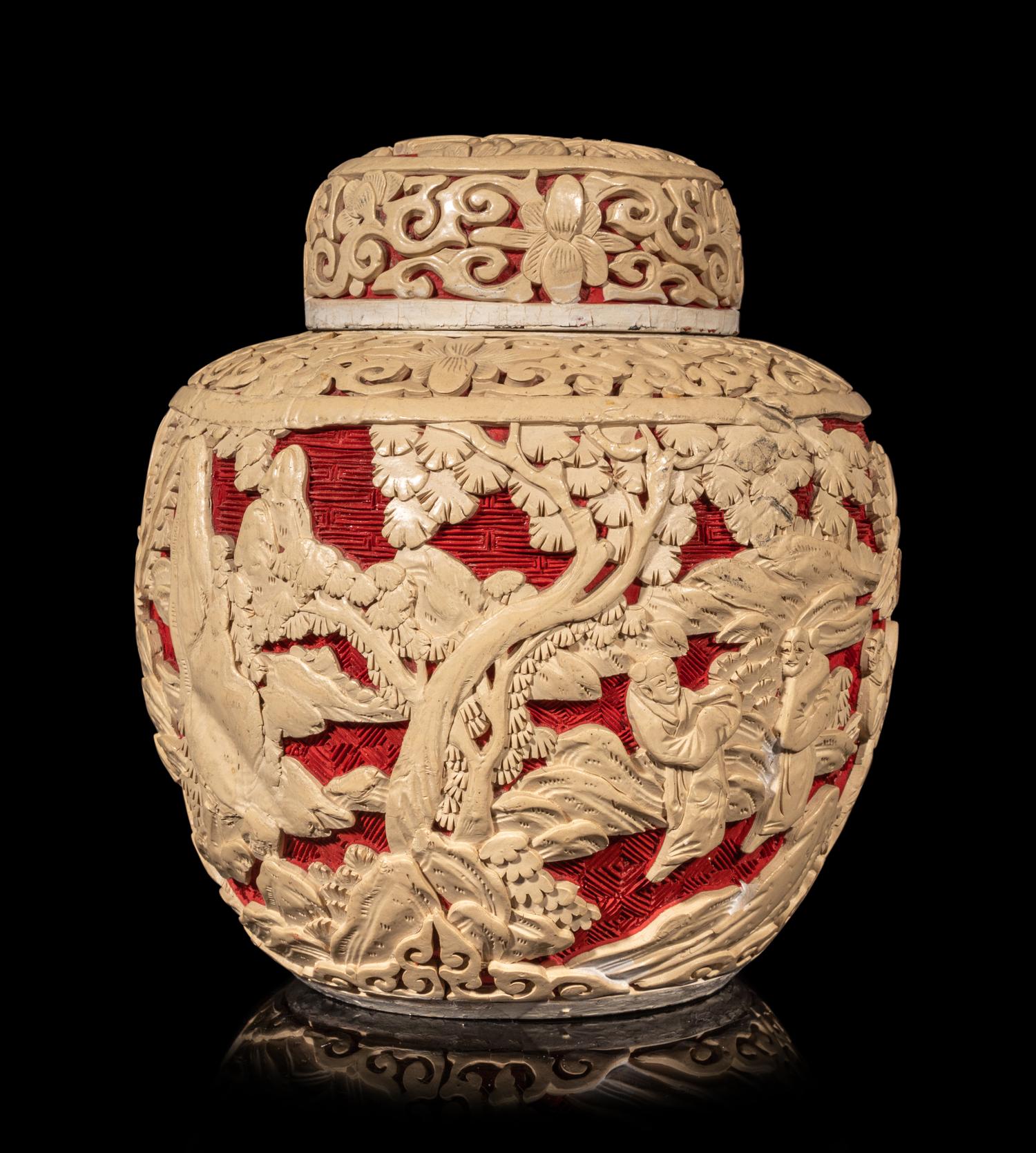 Three Chinese Carved Red Lacquer Articles