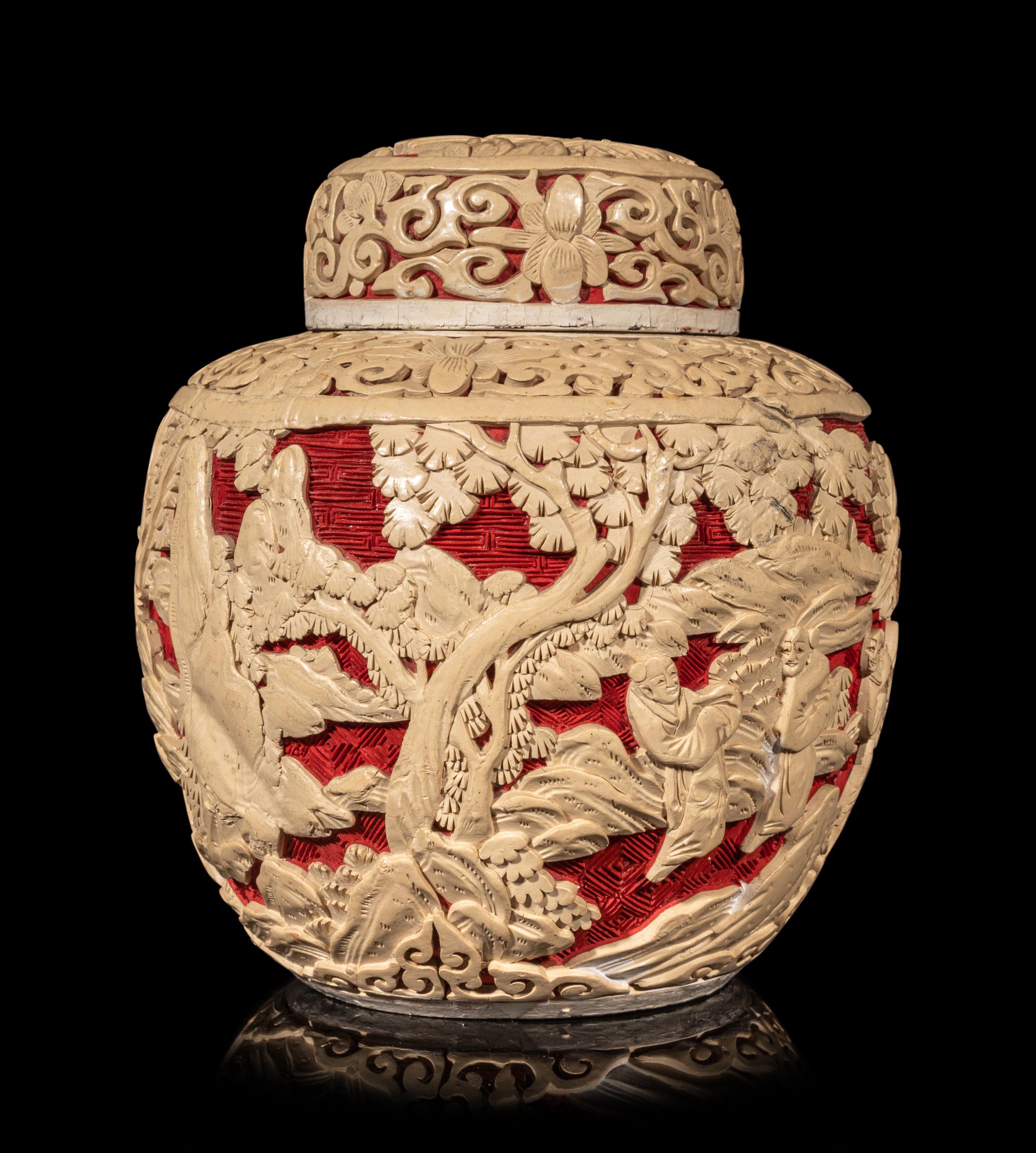 Three Chinese Carved Red Lacquer Articles
