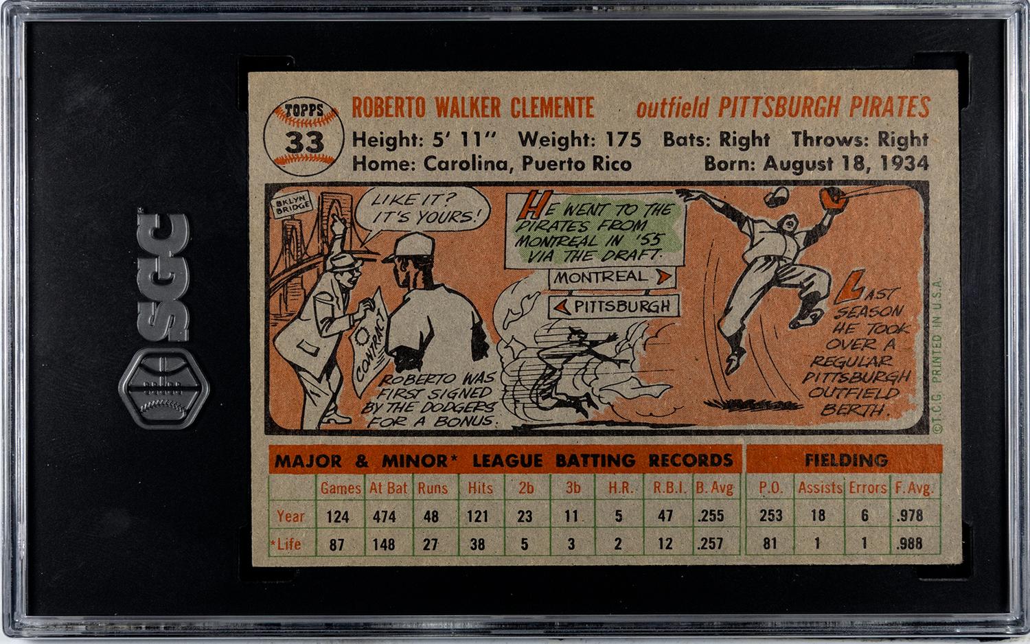 A 1956 Topps Roberto Clemente Gray Back Baseball Card No. 33 (SGC 6 EX/NM)