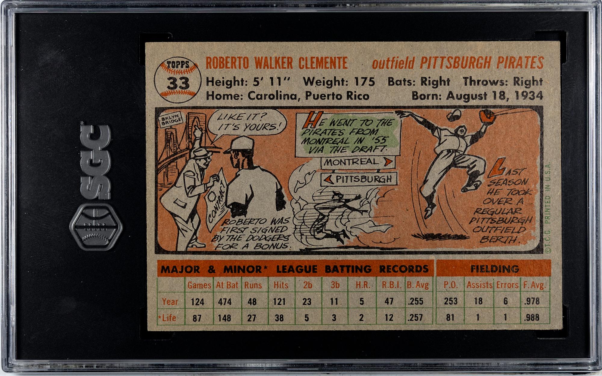 A 1956 Topps Roberto Clemente Gray Back Baseball Card No. 33 (SGC 6 EX/NM)