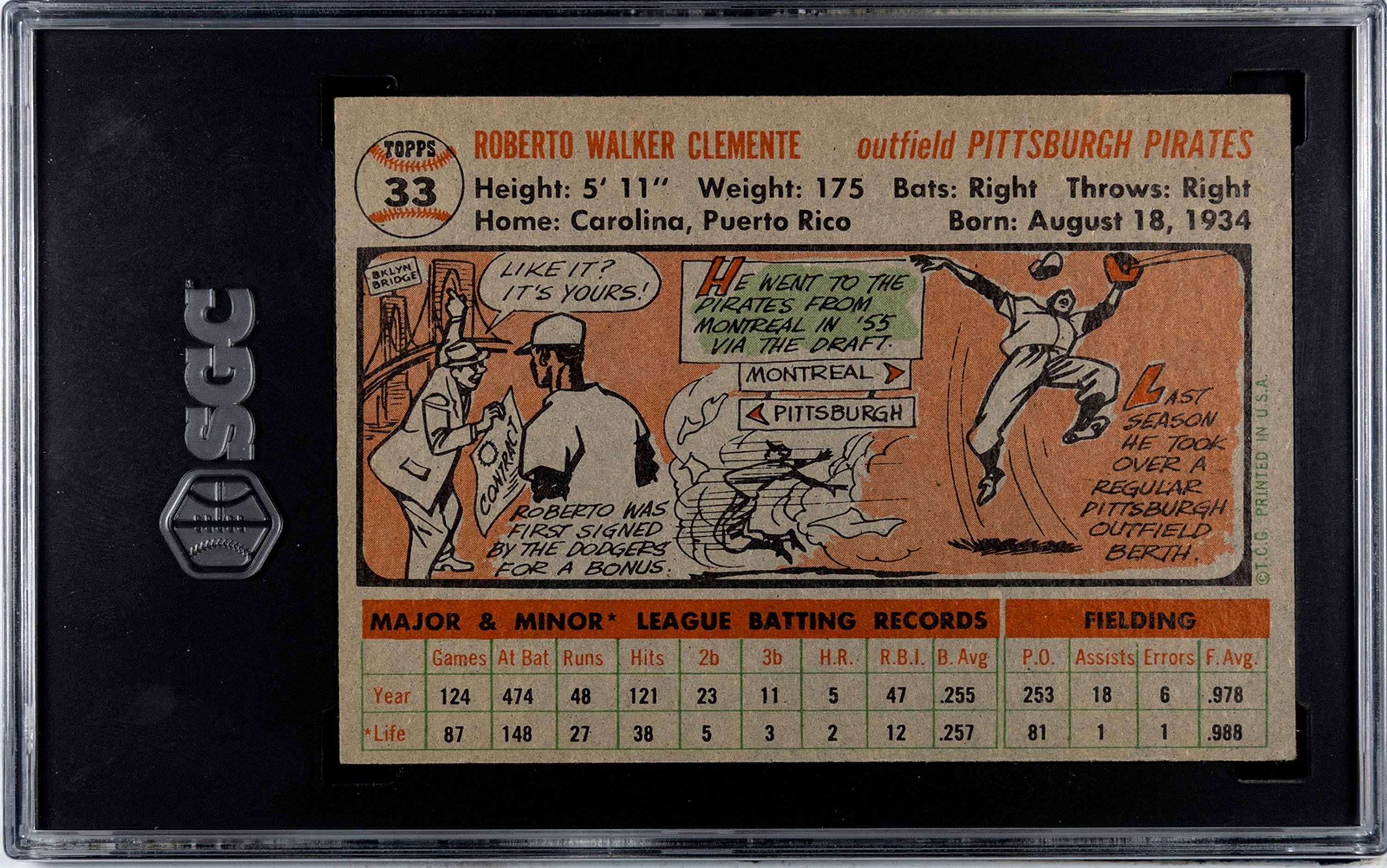 A 1956 Topps Roberto Clemente Gray Back Baseball Card No. 33 (SGC 6 EX/NM)