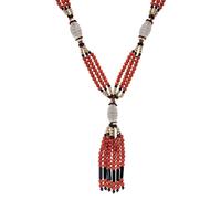 CORAL, BLACK ONYX, ROCK CRYSTAL QUARTZ, AND YELLOW GOLD TASSEL NECKLACE