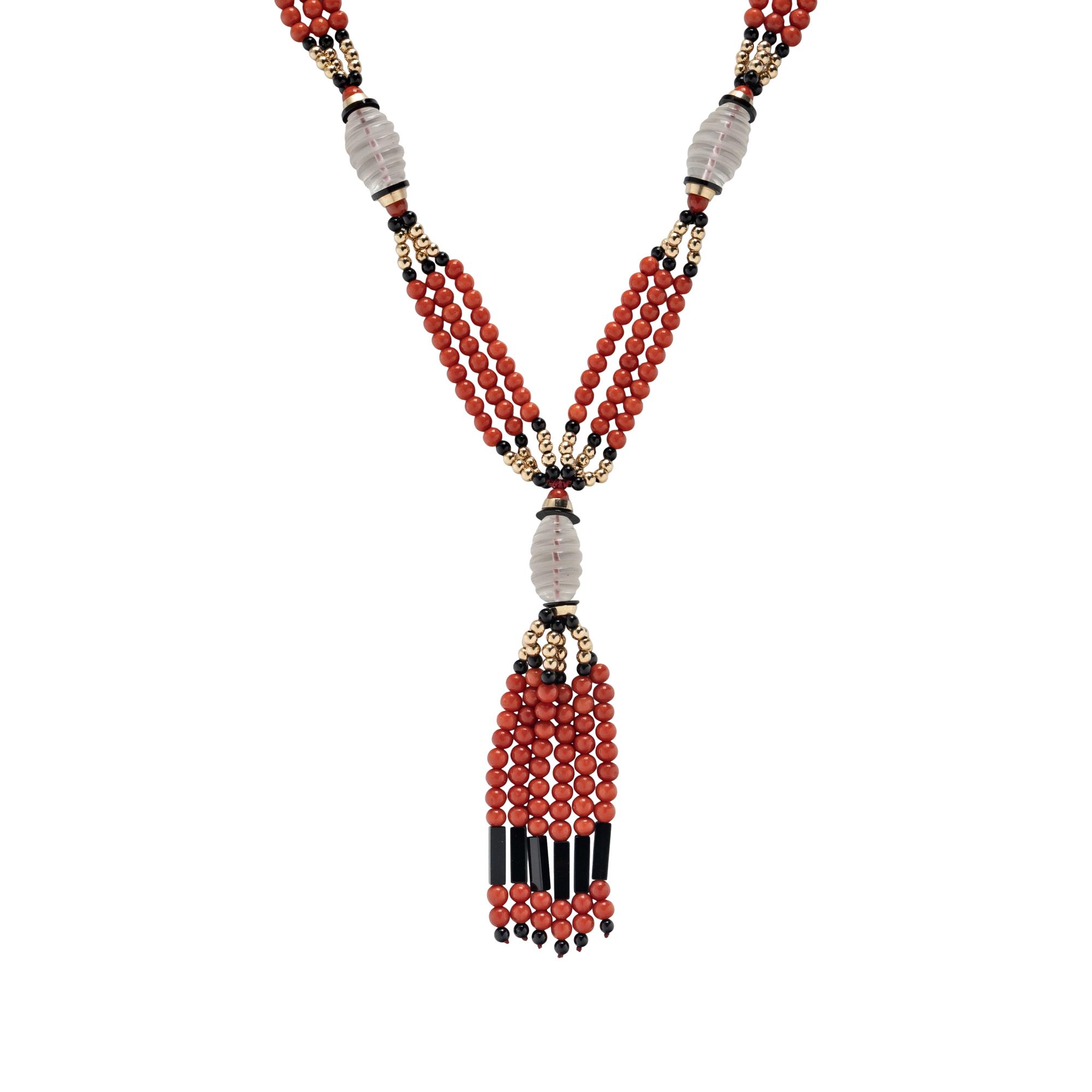 CORAL, BLACK ONYX, ROCK CRYSTAL QUARTZ, AND YELLOW GOLD TASSEL NECKLACE