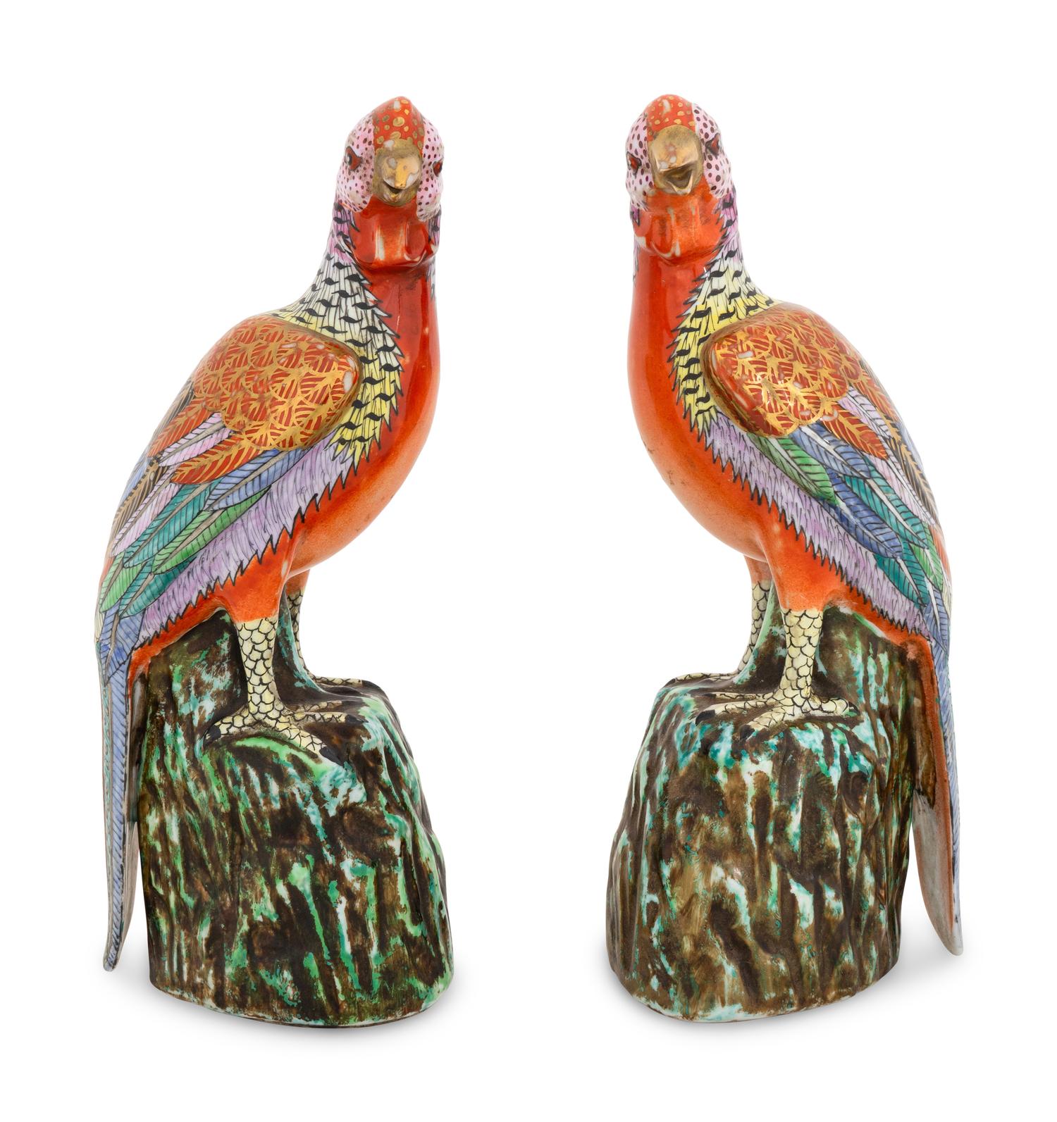 A Pair of Chinese Export Parcel Gilt Porcelain Parrot Figures
