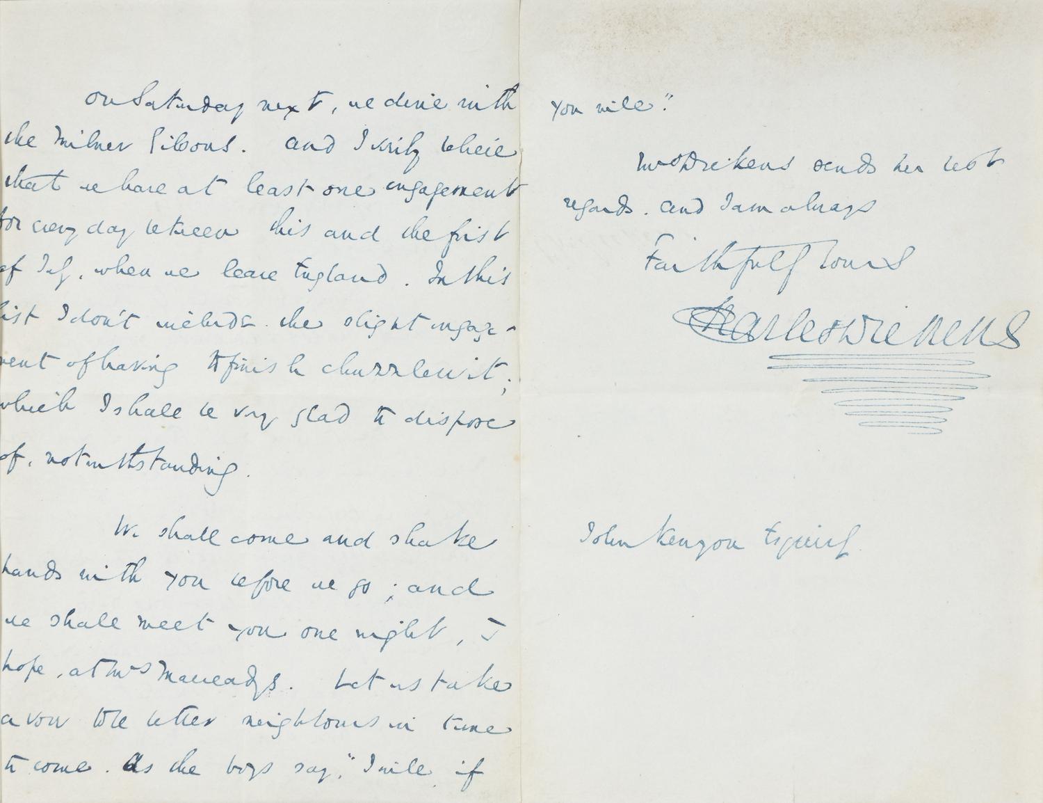 DICKENS, Charles (1812-1870). Autograph letter signed (“Charles Dickens”), to John Kenyon, 5 June 1844.