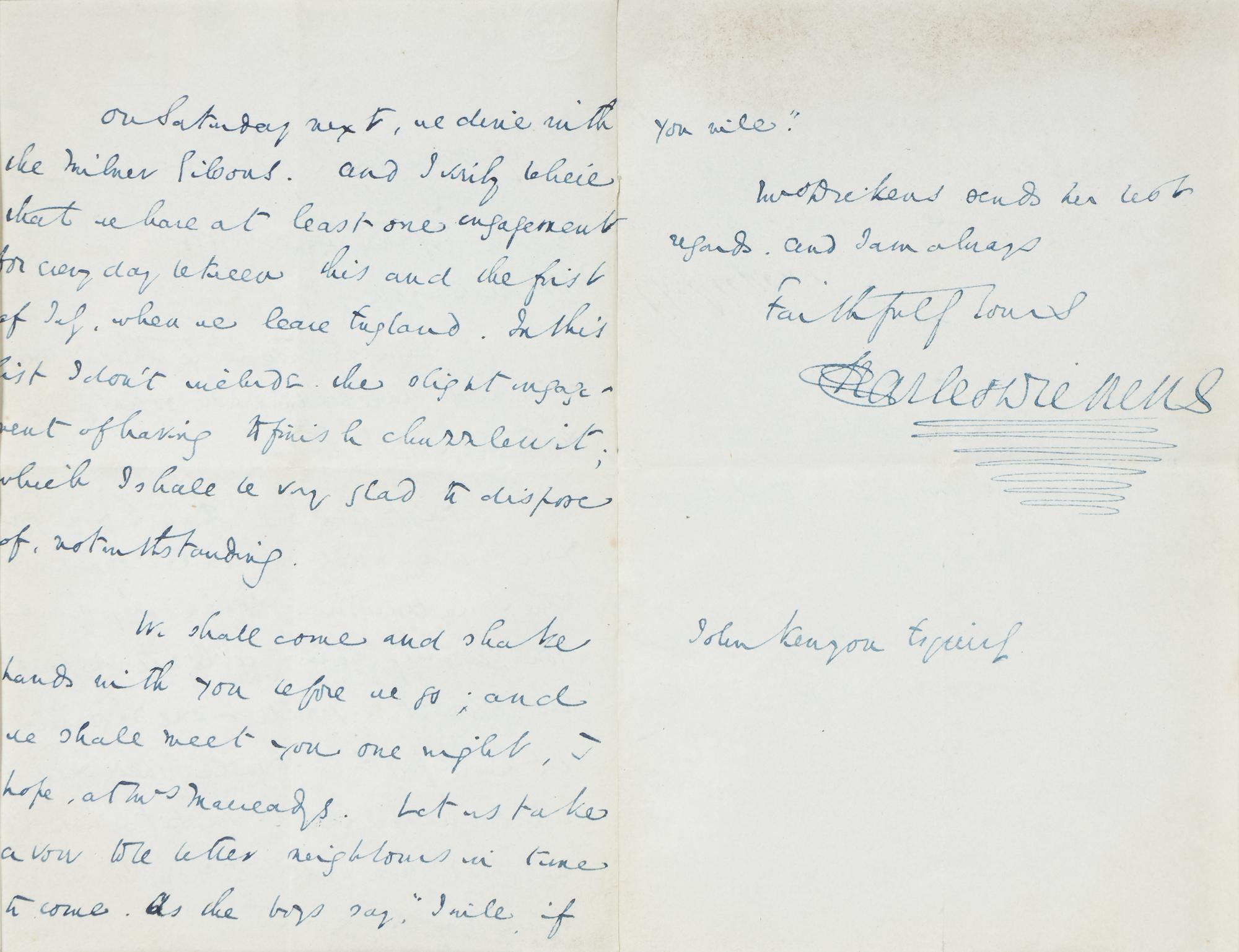 DICKENS, Charles (1812-1870). Autograph letter signed (“Charles Dickens”), to John Kenyon, 5 June 1844.