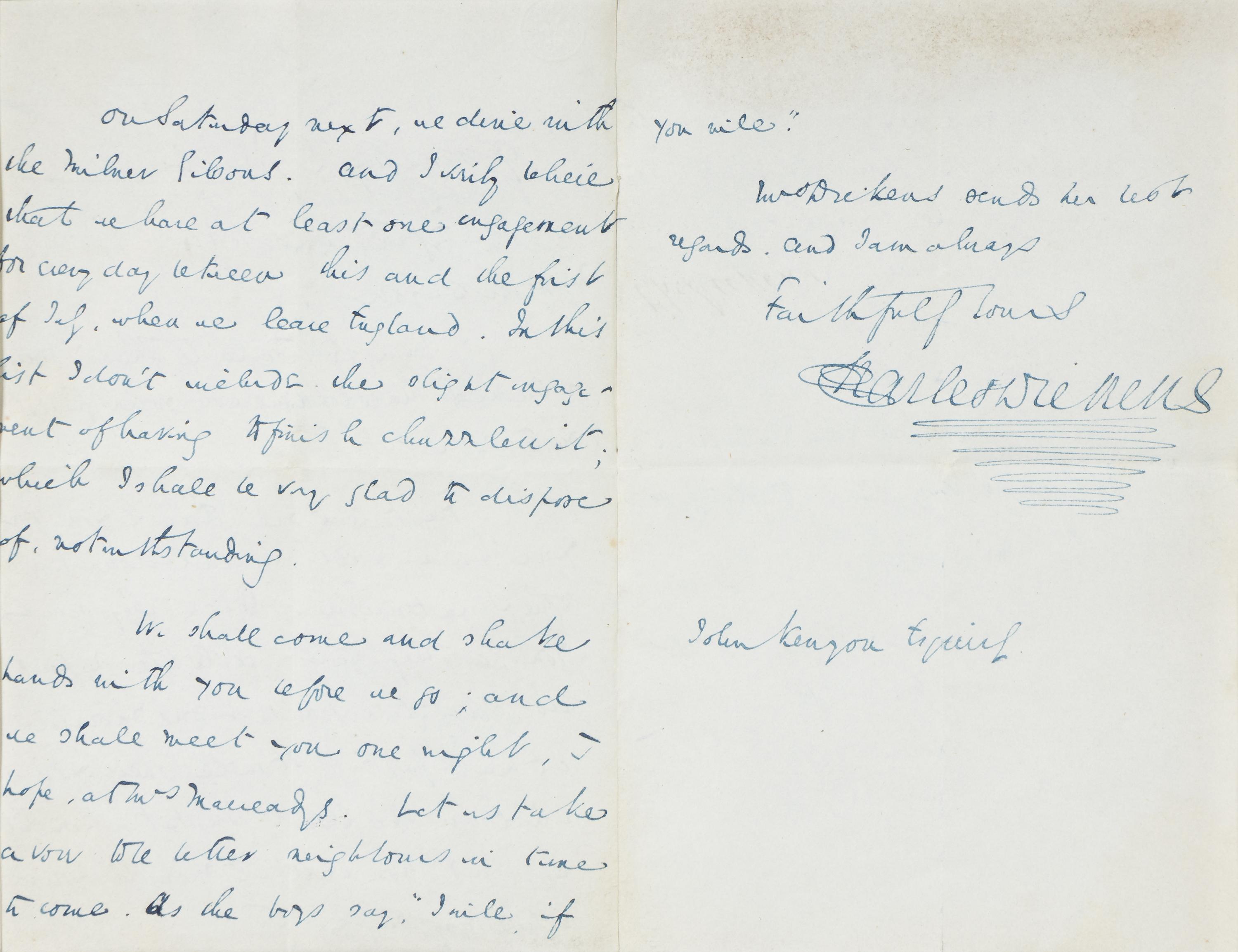 DICKENS, Charles (1812-1870). Autograph letter signed (“Charles Dickens”), to John Kenyon, 5 June 1844.