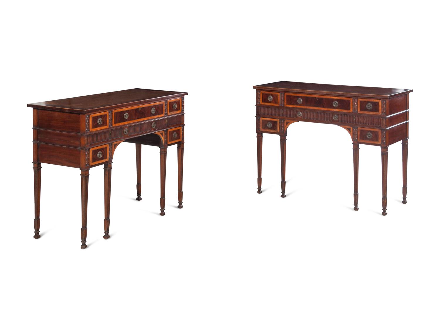 A Pair of George III Style Carved Mahogany and Satinwood Dressing Tables