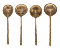 A Group of Four Russian Niello Silver Spoons, Various makers, Moscow, 19th century, each having a twist stem, the undersides with scene