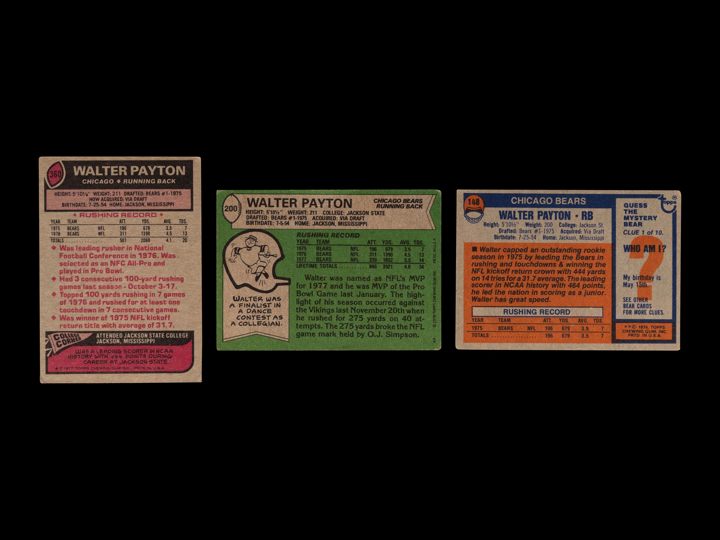 A Group of Three Topps Walter Payton Football Cards Including Rookie No. 148,