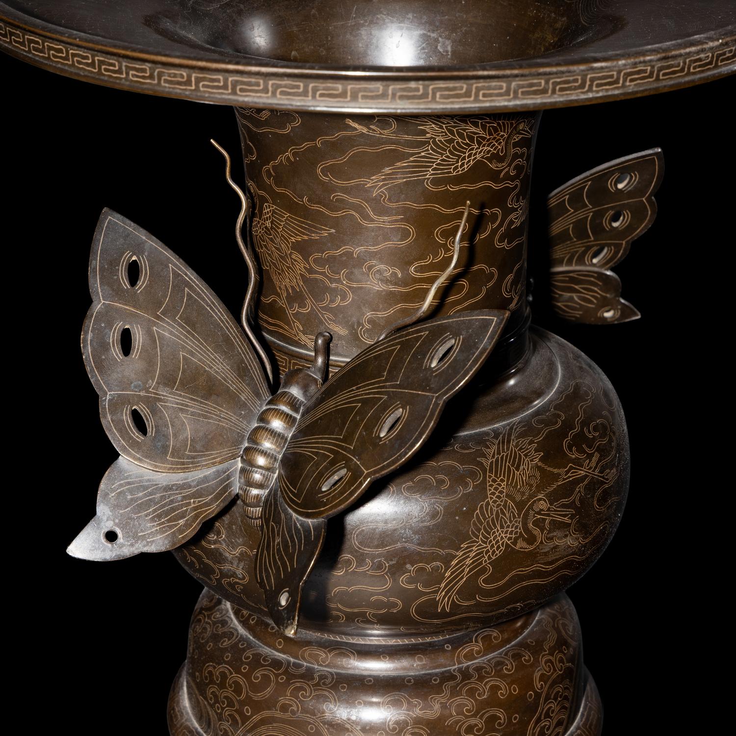 A Pair of Japanese Inlaid Bronze 'Butterfly' Vases, Late Edo/Early Meiji Period