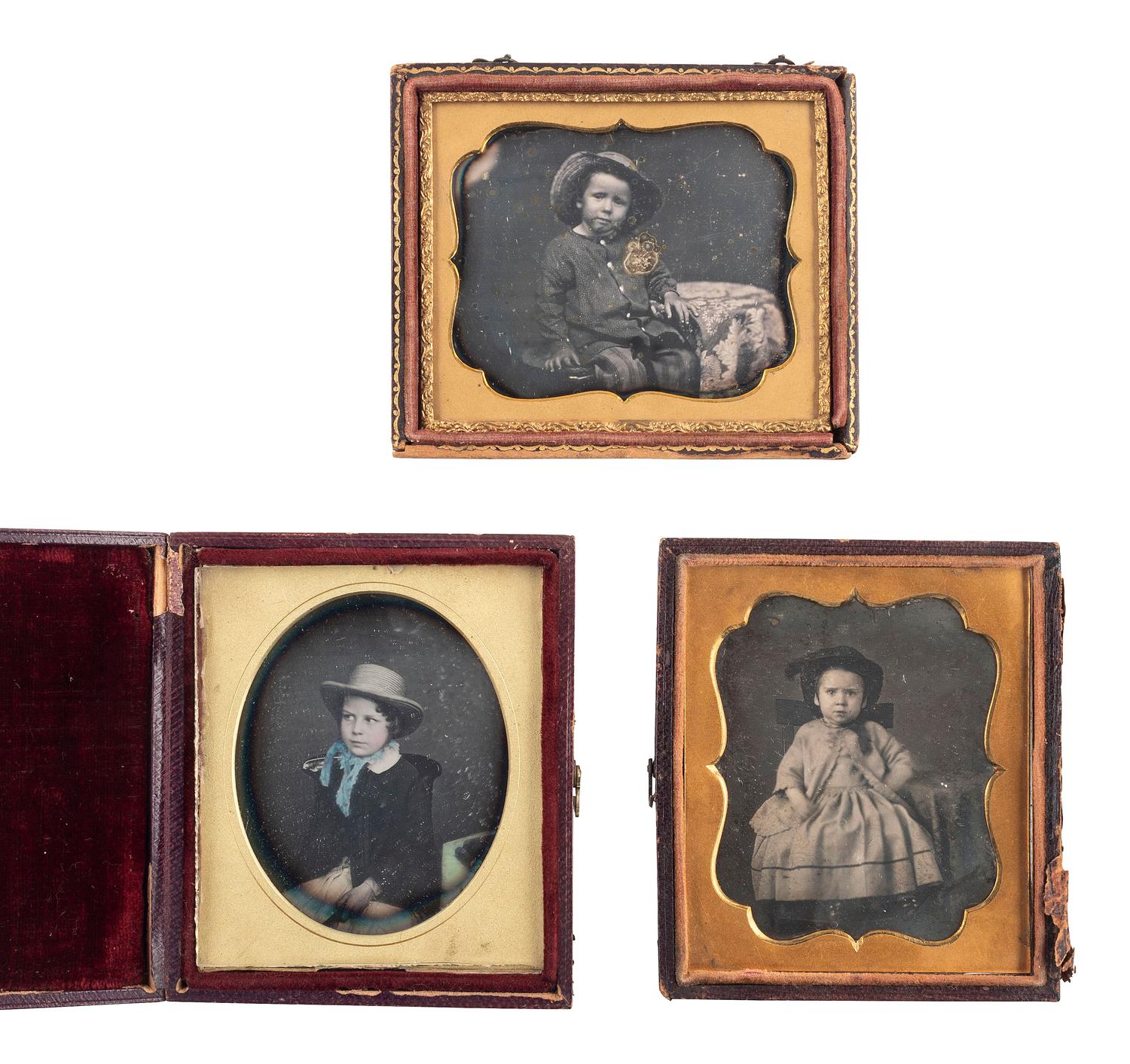[EARLY PHOTOGRAPHY] 6 daguerreotype portraits of children with hats, incl. 2 images of the same girl