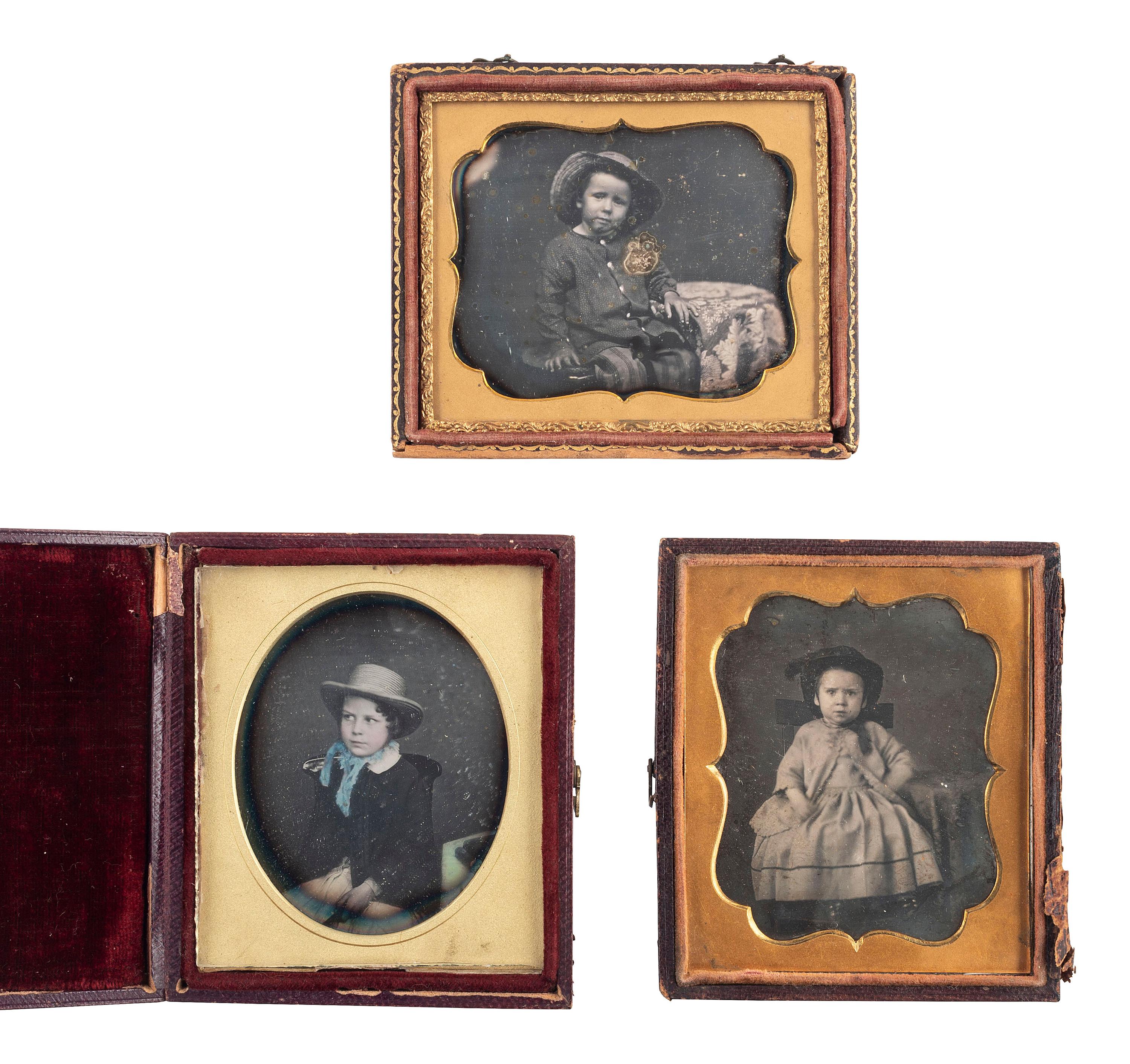 [EARLY PHOTOGRAPHY] 6 daguerreotype portraits of children with hats, incl. 2 images of the same girl