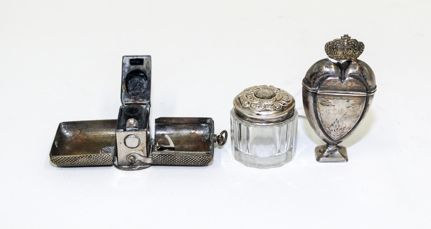 A Continental Silver Scent Bottle, , having a crown finial surmounting a heart-shaped body, together with a silver glass bottle and a s