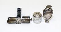 A Continental Silver Scent Bottle, , having a crown finial surmounting a heart-shaped body, together with a silver glass bottle and a s