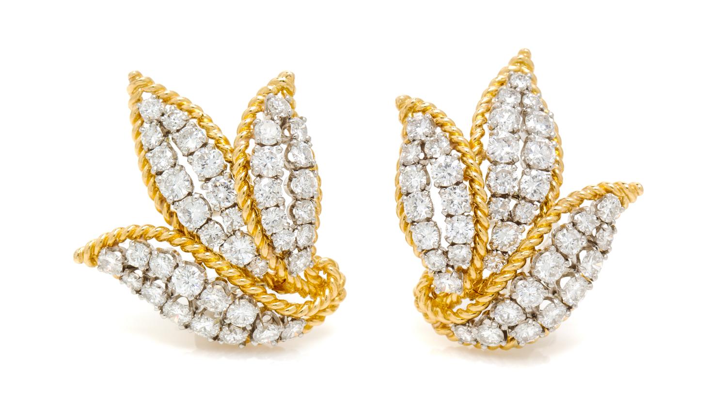 A Pair of Vintage Platinum, Yellow Gold and Diamond Leaf Motif Earclips, Circa 1950, 10.90 dwts.