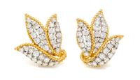 A Pair of Vintage Platinum, Yellow Gold and Diamond Leaf Motif Earclips, Circa 1950, 10.90 dwts.