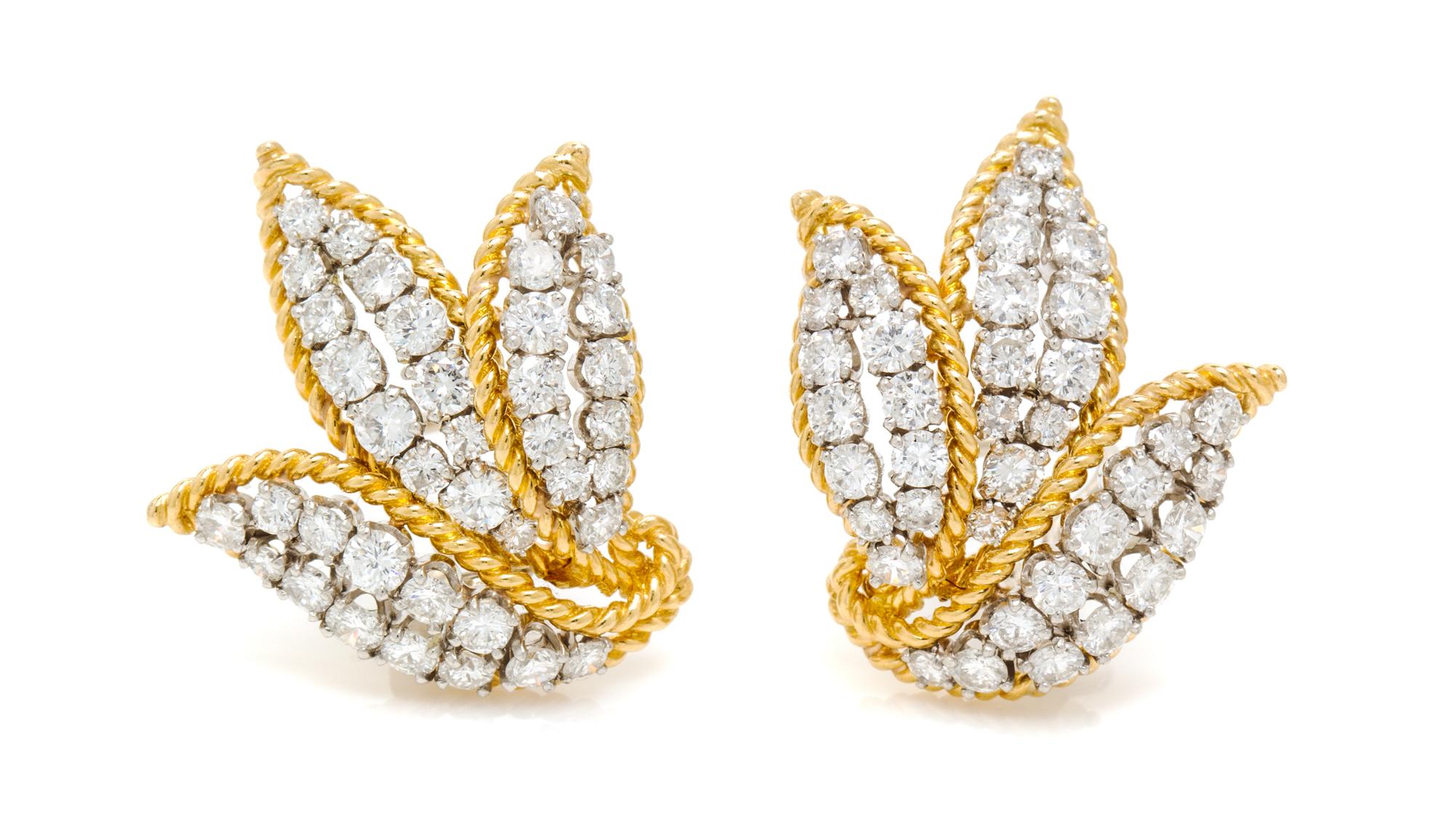 A Pair of Vintage Platinum, Yellow Gold and Diamond Leaf Motif Earclips, Circa 1950, 10.90 dwts.