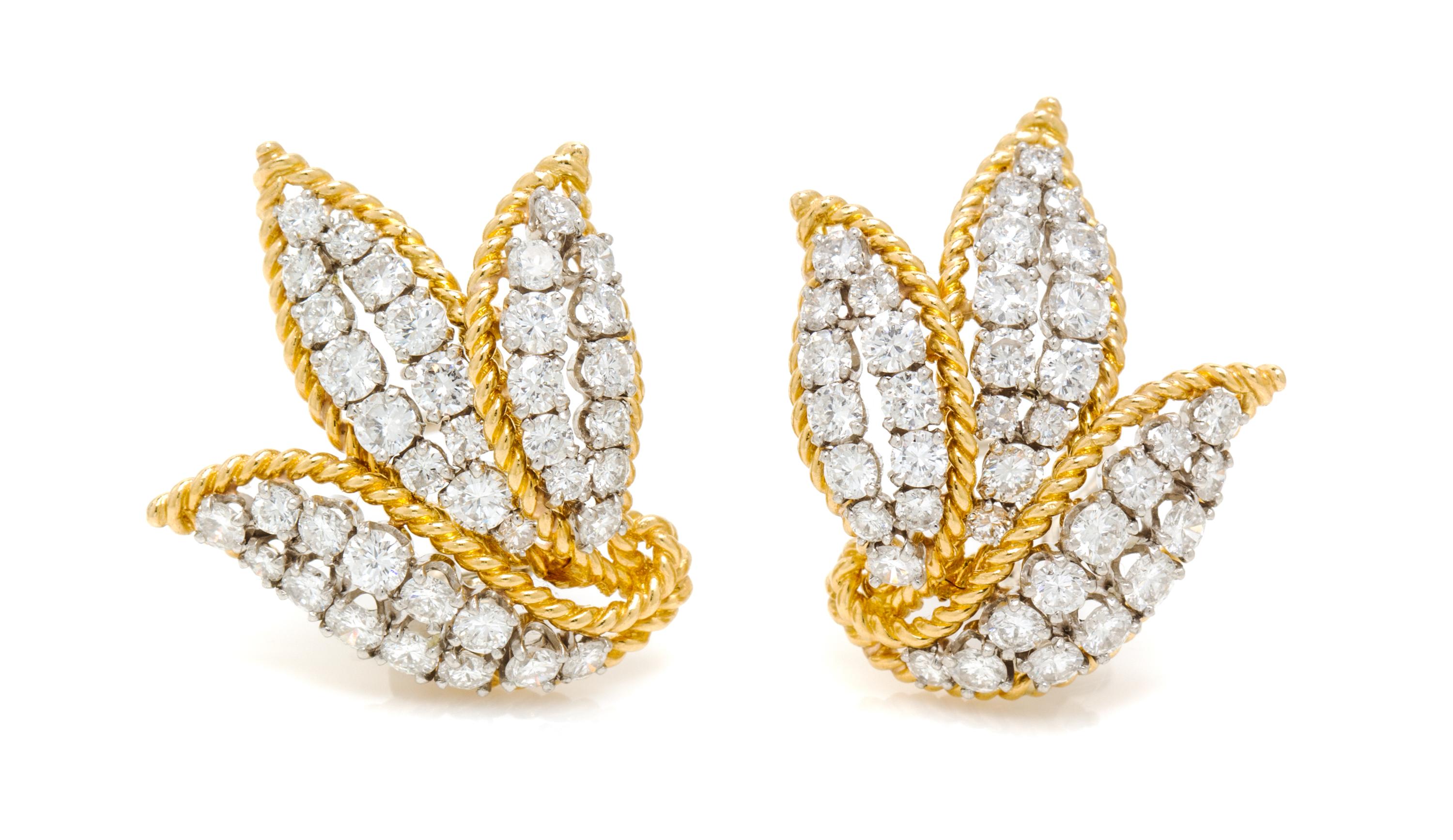 A Pair of Vintage Platinum, Yellow Gold and Diamond Leaf Motif Earclips, Circa 1950, 10.90 dwts.